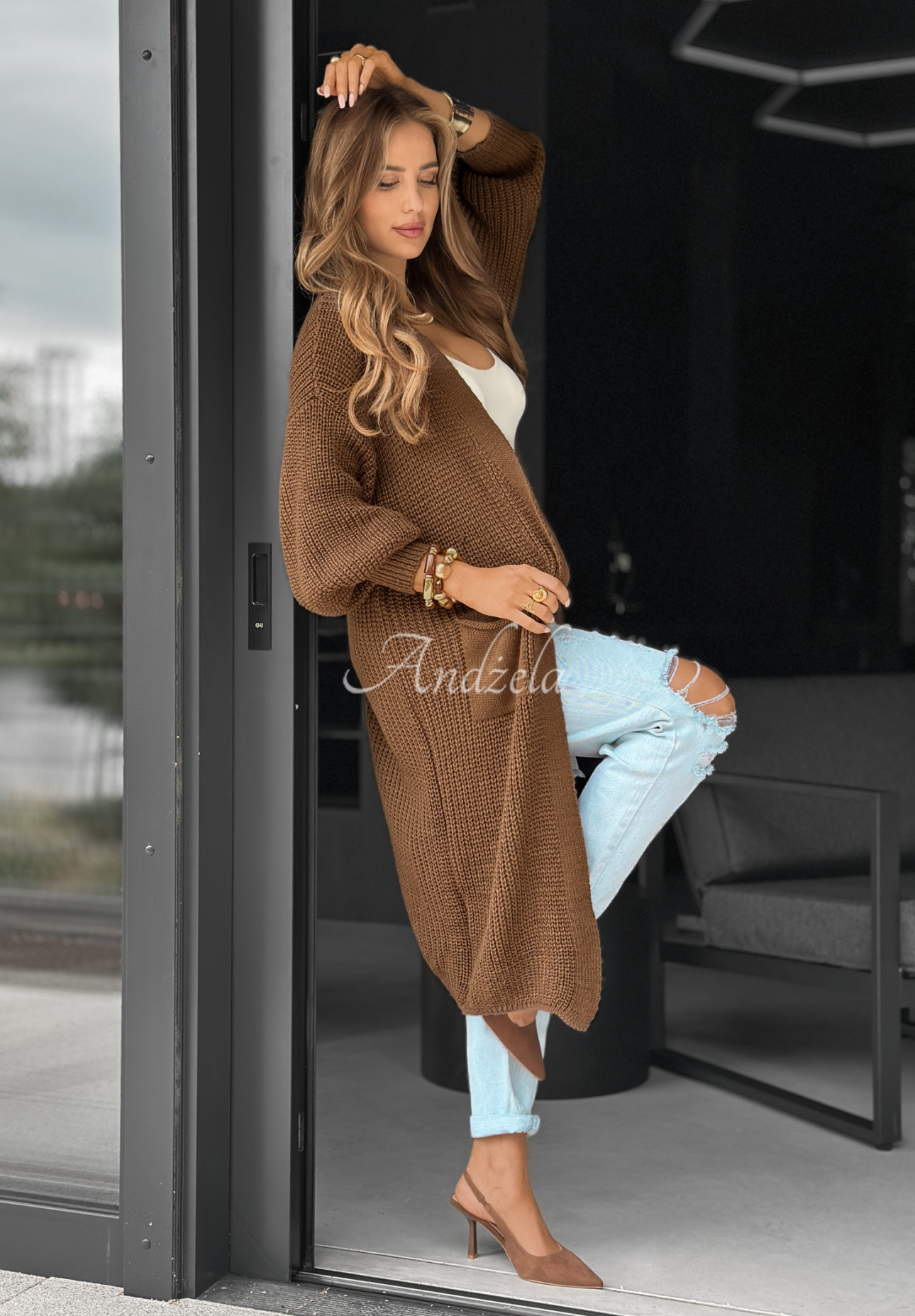 Lange Oversize-Strickjacke Lincoln Park Schokoladenbraun