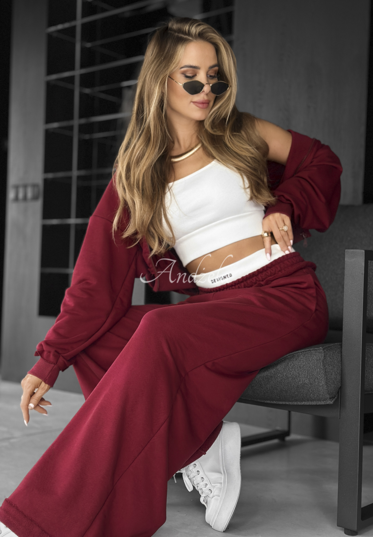 Set 3in1 Top, sweatshitrt und Hose wide leg Let’s Do This Burgunderrot