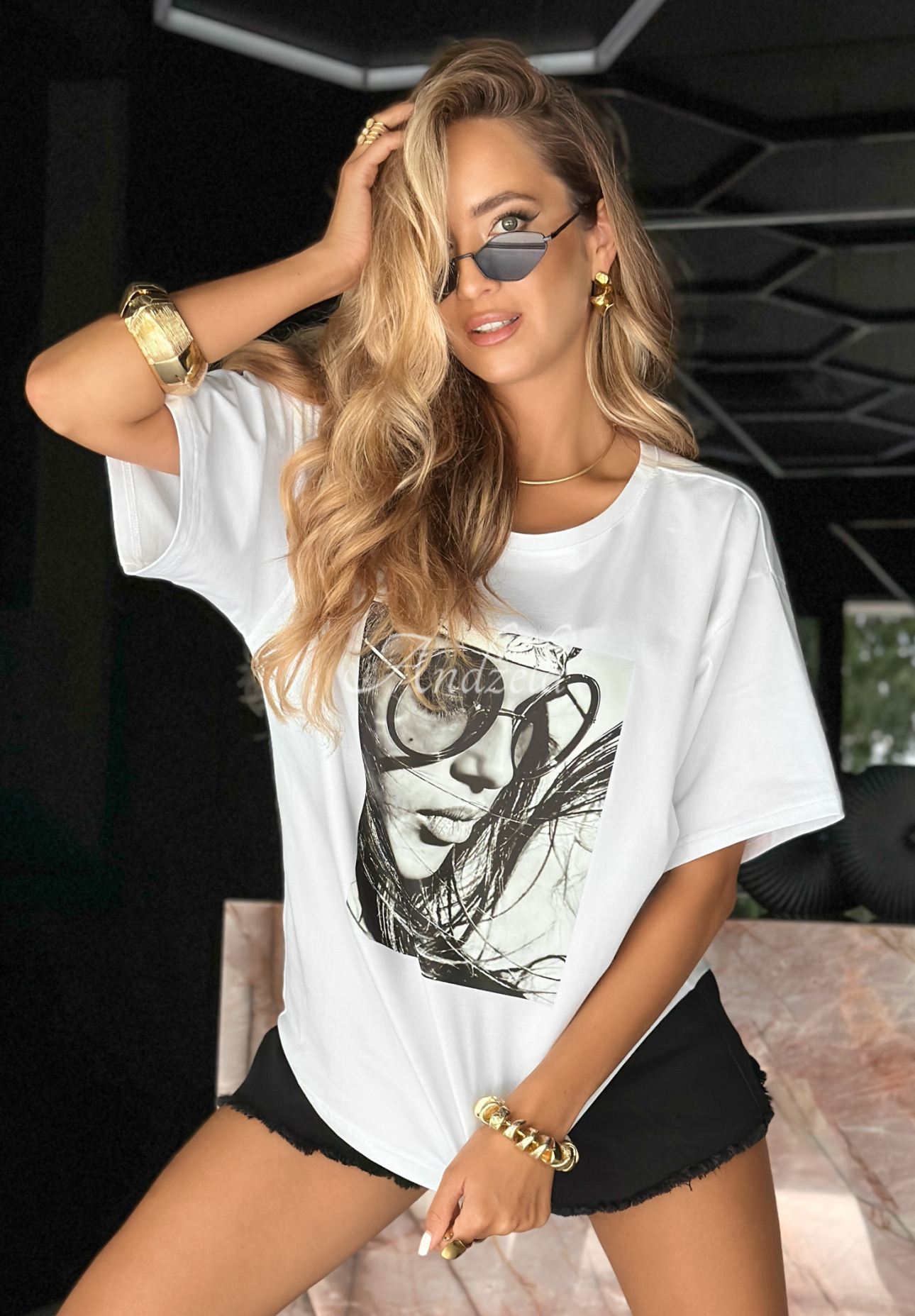 Kurzes T-Shirt mit Print Sunglasses Weiß