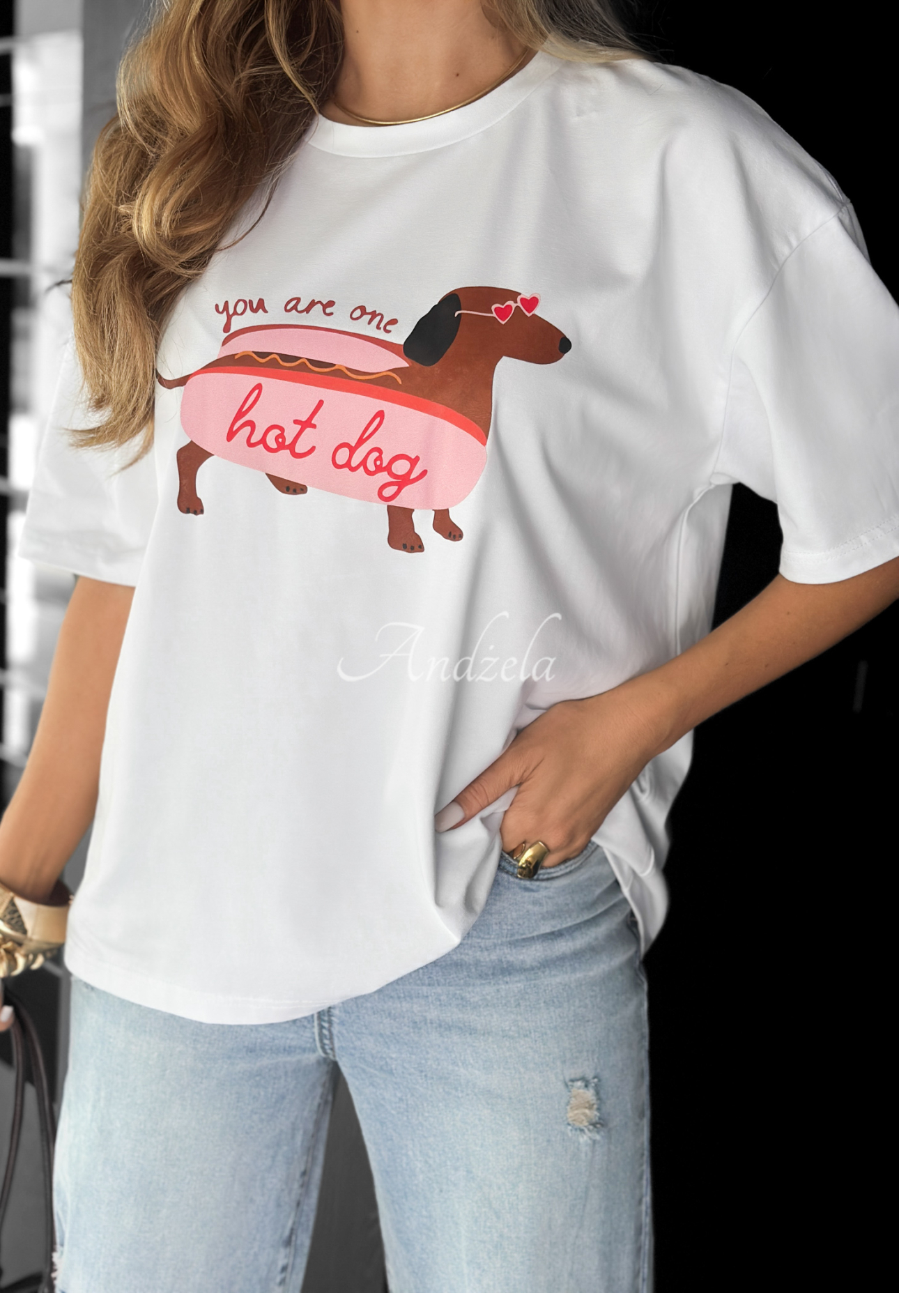 T-Shirt mit Aufdruck Hot Dog Weiß