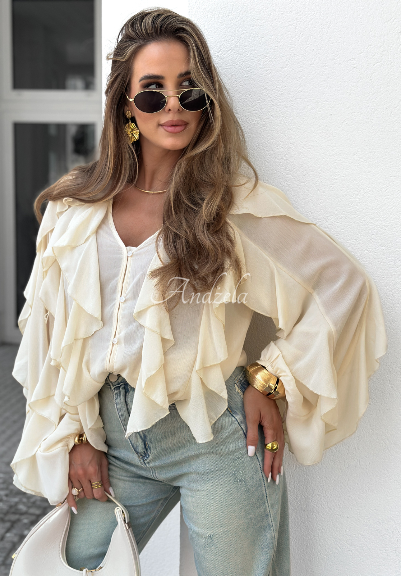 Viskose-Shirt mit Rüschen Flowy Dreams Vanillefarben
