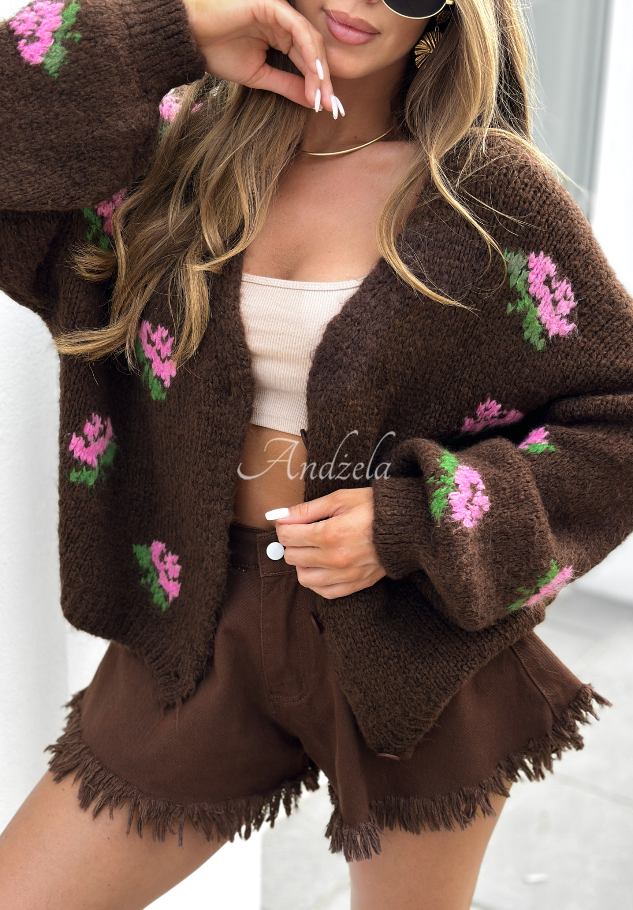 Kurzer Cardigan mit Blumenmuster Bloomingdale Schokoladenbraun