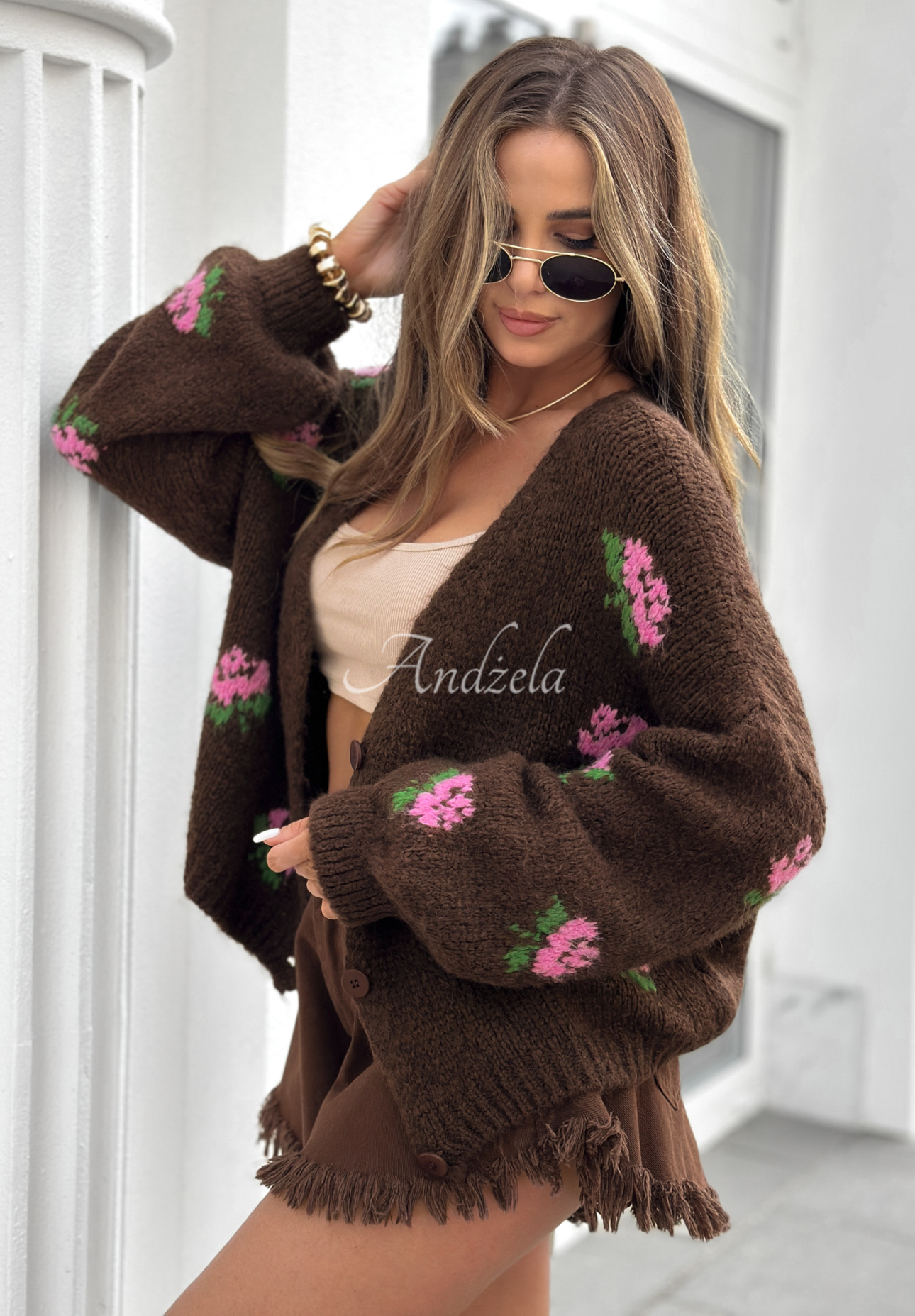 Kurzer Cardigan mit Blumenmuster Bloomingdale Schokoladenbraun