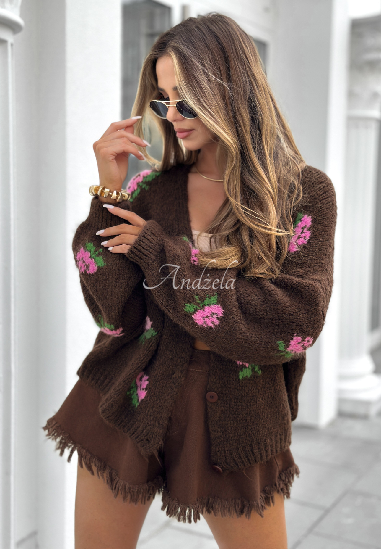 Kurzer Cardigan mit Blumenmuster Bloomingdale Schokoladenbraun
