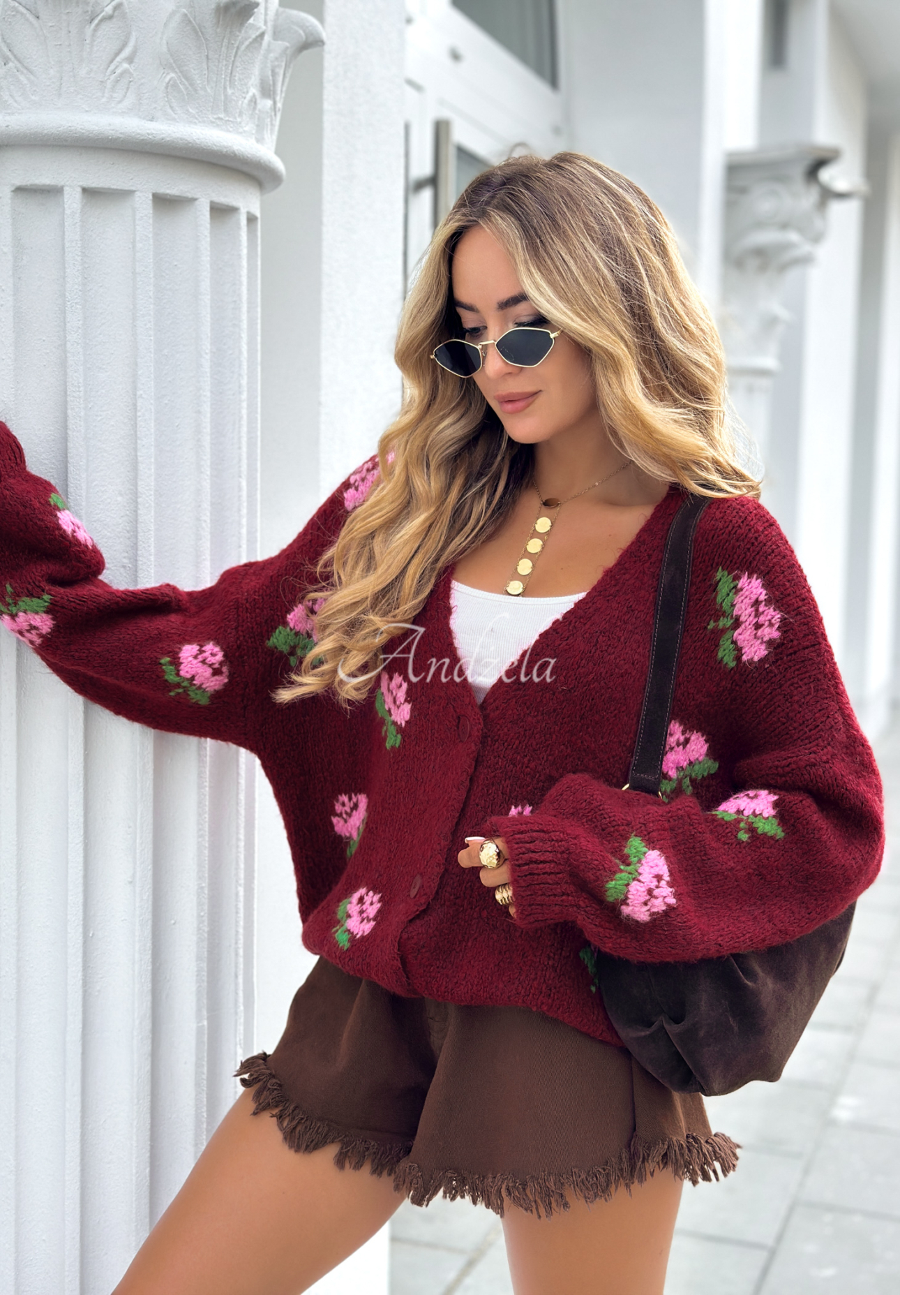 Kurzer Cardigan mit Blumenmuster Bloomingdale Burgunderrot
