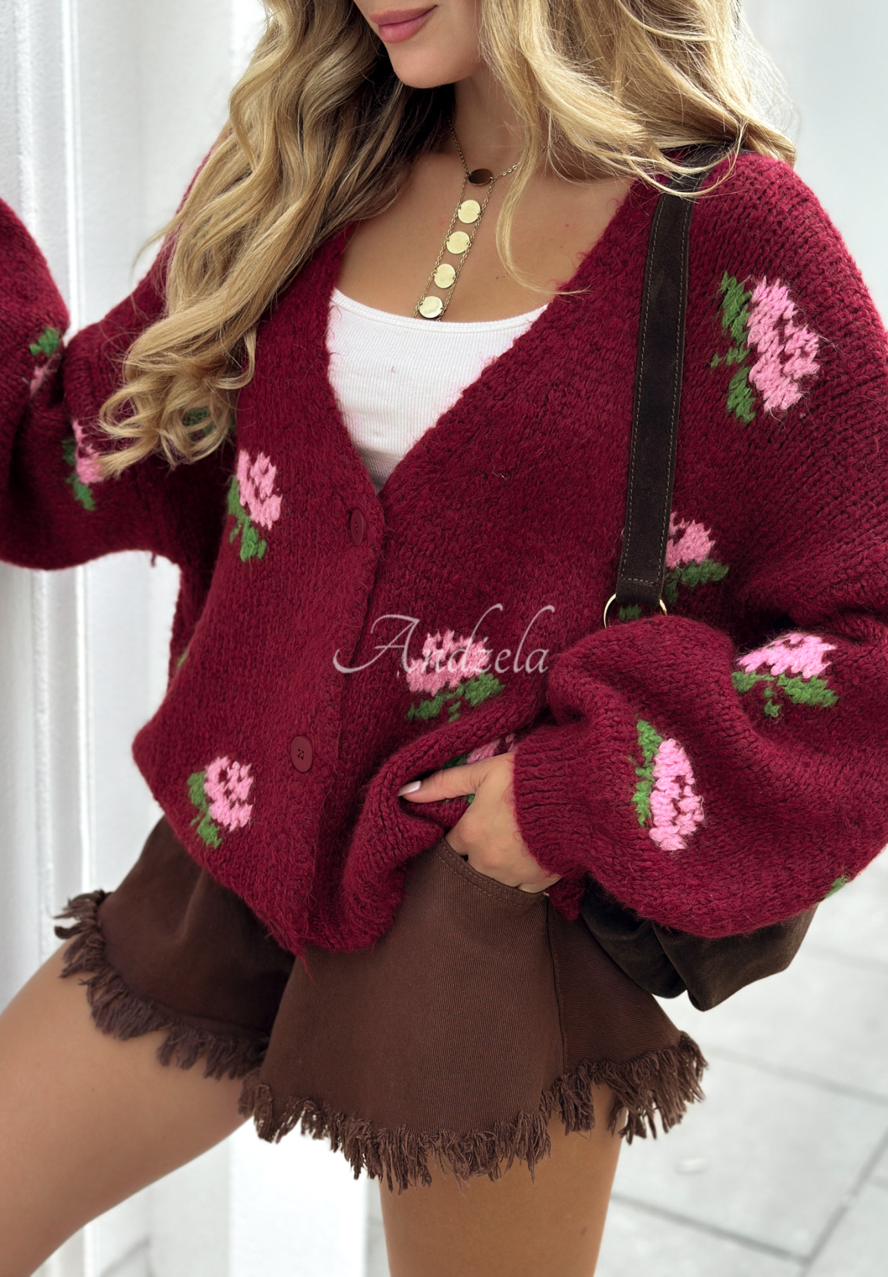 Kurzer Cardigan mit Blumenmuster Bloomingdale Burgunderrot