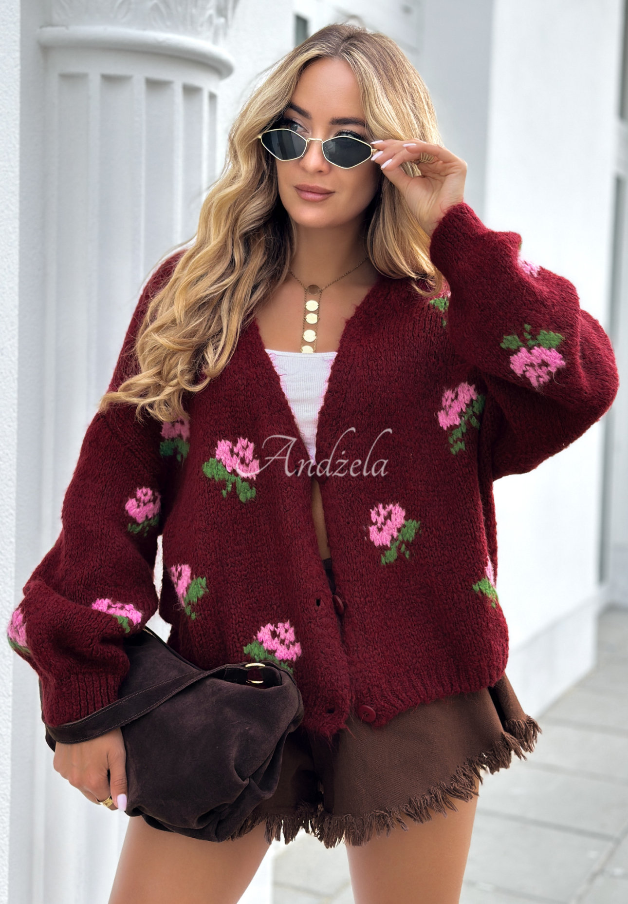 Kurzer Cardigan mit Blumenmuster Bloomingdale Burgunderrot