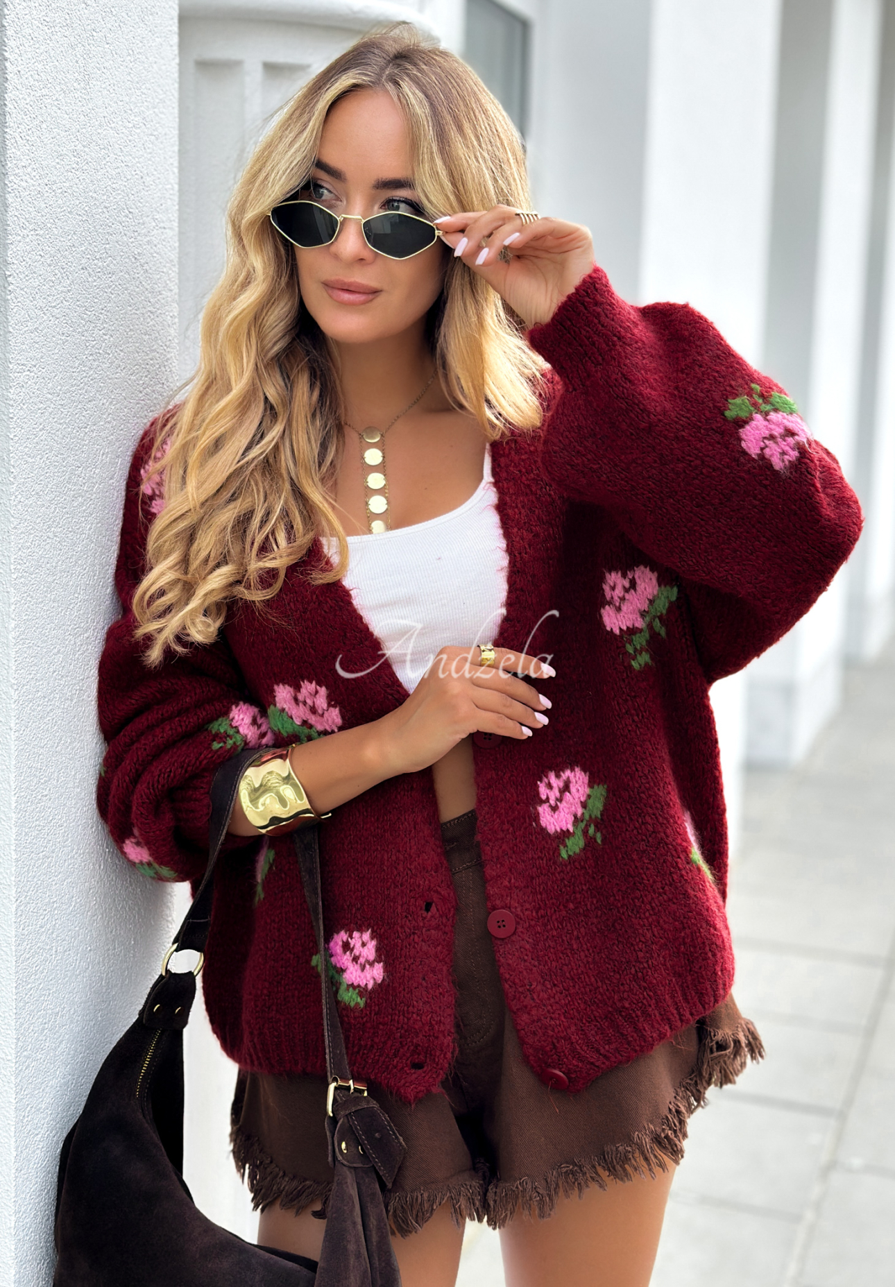 Kurzer Cardigan mit Blumenmuster Bloomingdale Burgunderrot