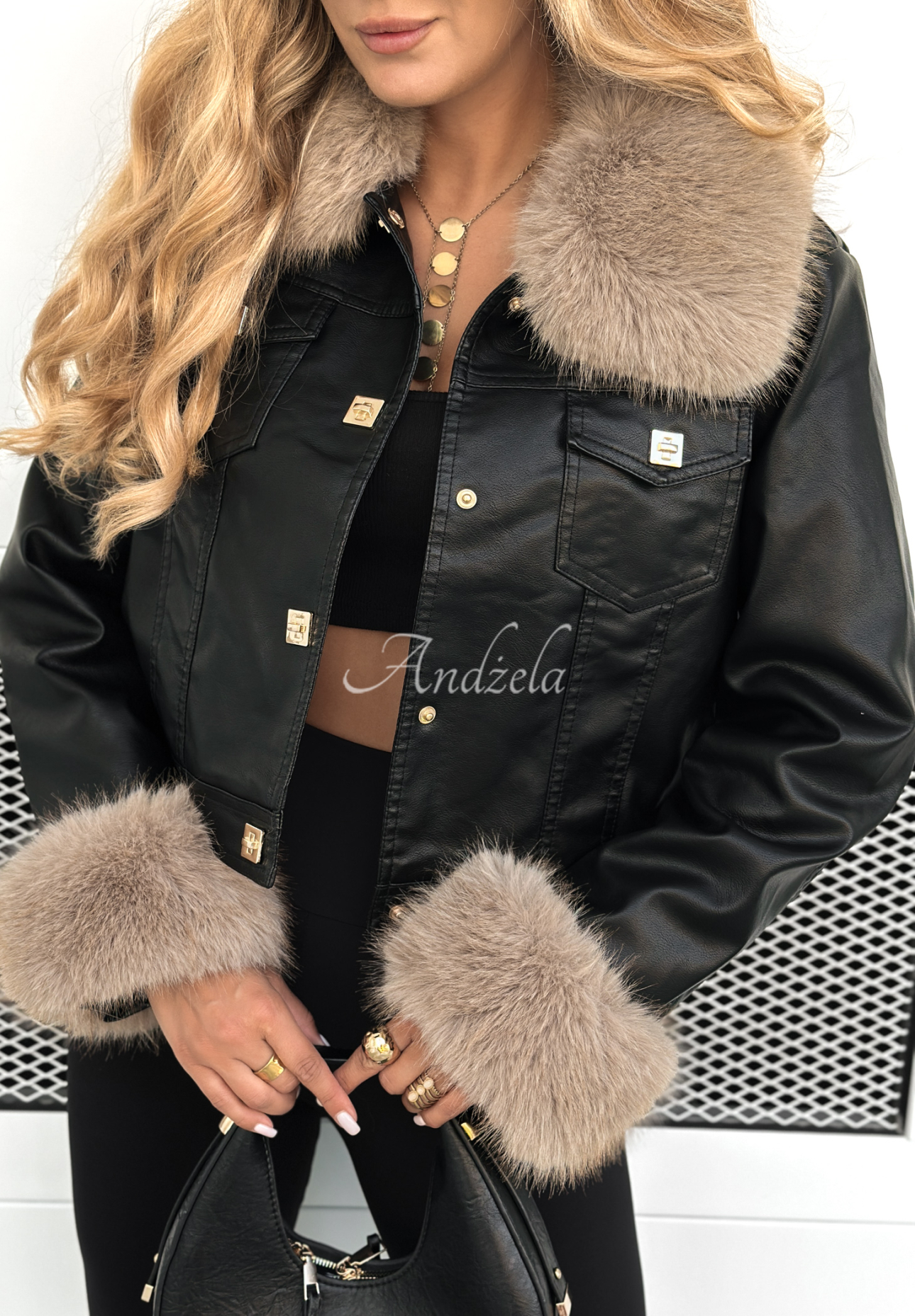 Lederjacke mit Pelz Dare To Do Schwarz