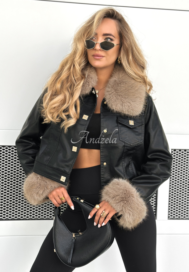 Bikerjacke aus Leder mit Pelz Dare To Do Schwarz