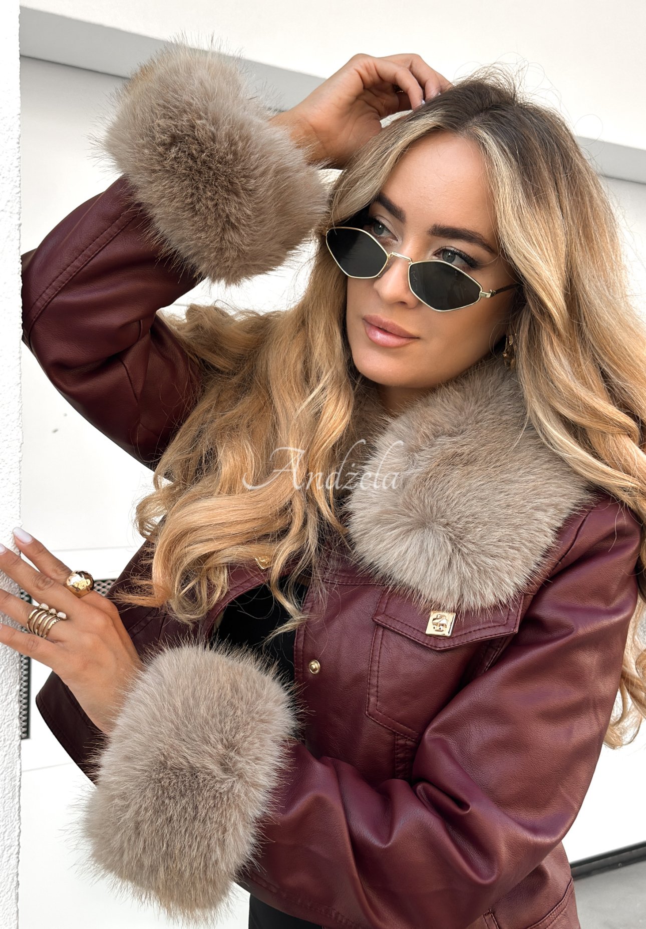 Bikerjacke aus Leder mit Pelz Dare To Do Burgunderrot