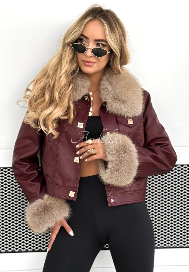 Bikerjacke aus Leder mit Pelz Dare To Do Burgunderrot