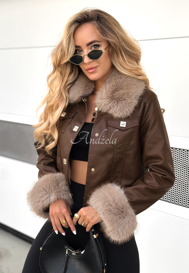 Bikerjacke aus Leder mit Pelz Dare To Do Schokoladenbraun