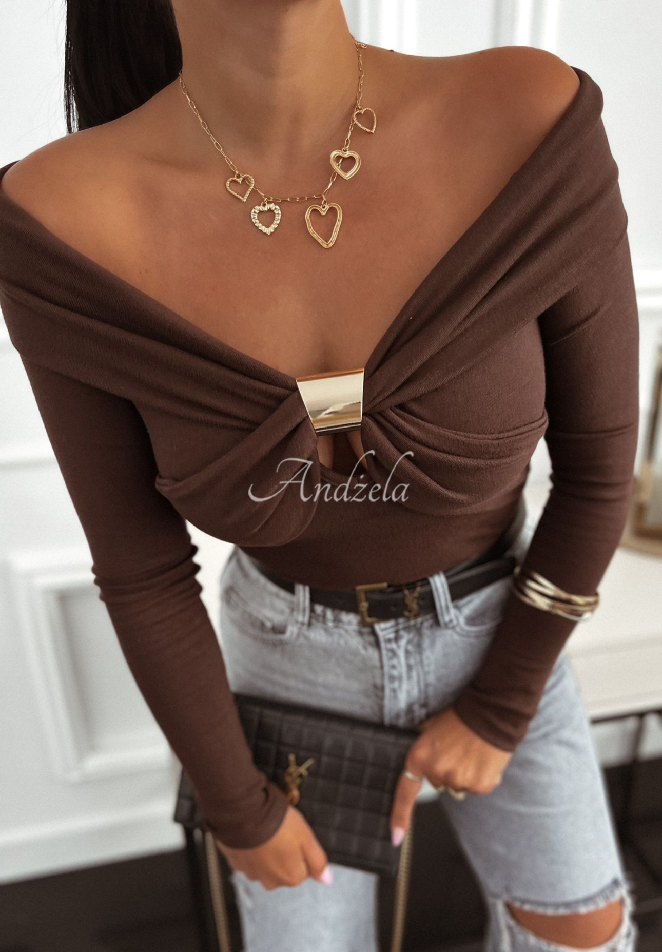 Viskosebluse mit offenen Schultern Call Me Later Schokoladenbraun