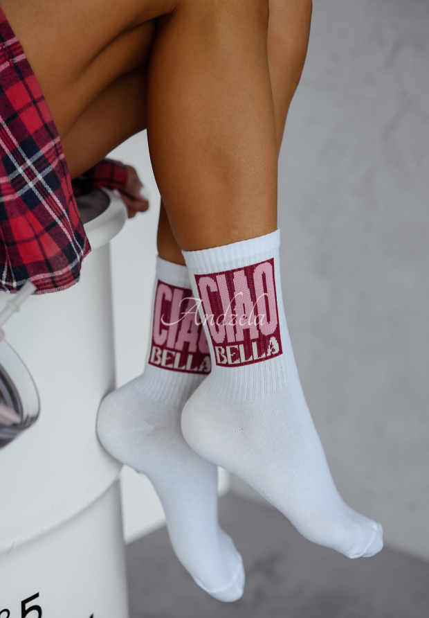 Lange Socken mit Schriftz&uuml;gen Ciao Bella wei&szlig;-rosa