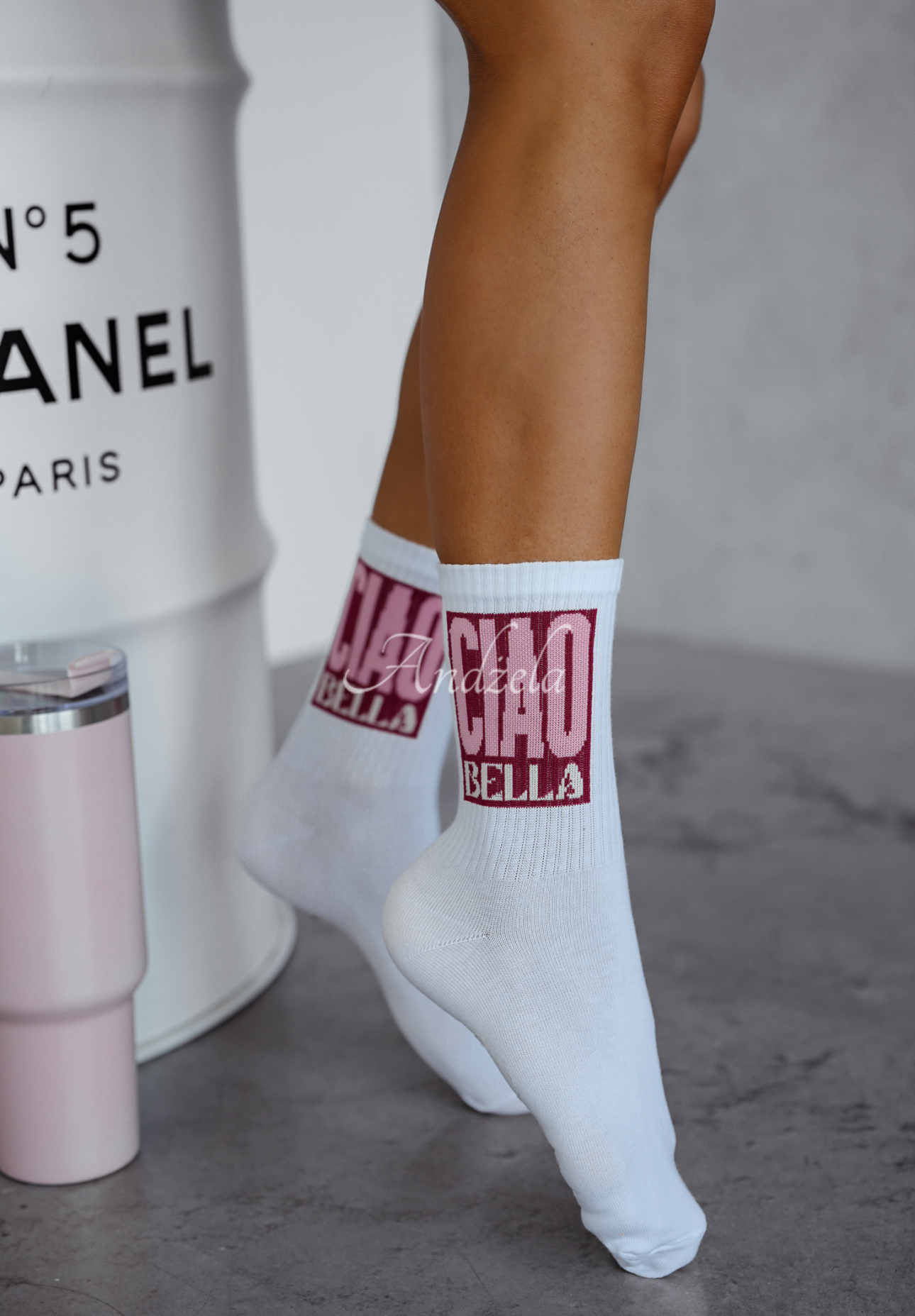 Lange Socken mit Schriftzügen Ciao Bella weiß-rosa