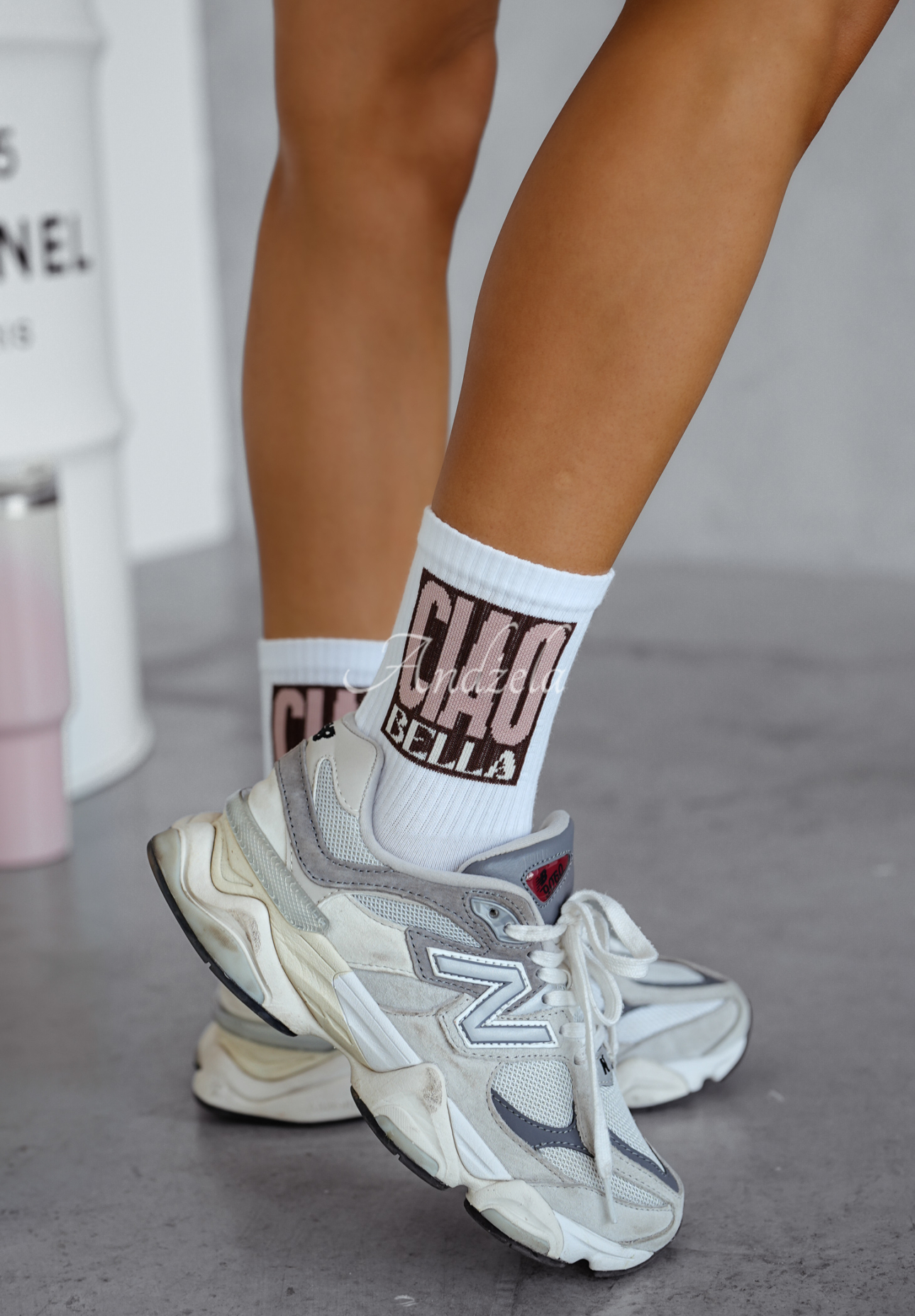 Lange Socken mit Schriftzügen Ciao Bella biało-Schokoladenbraun