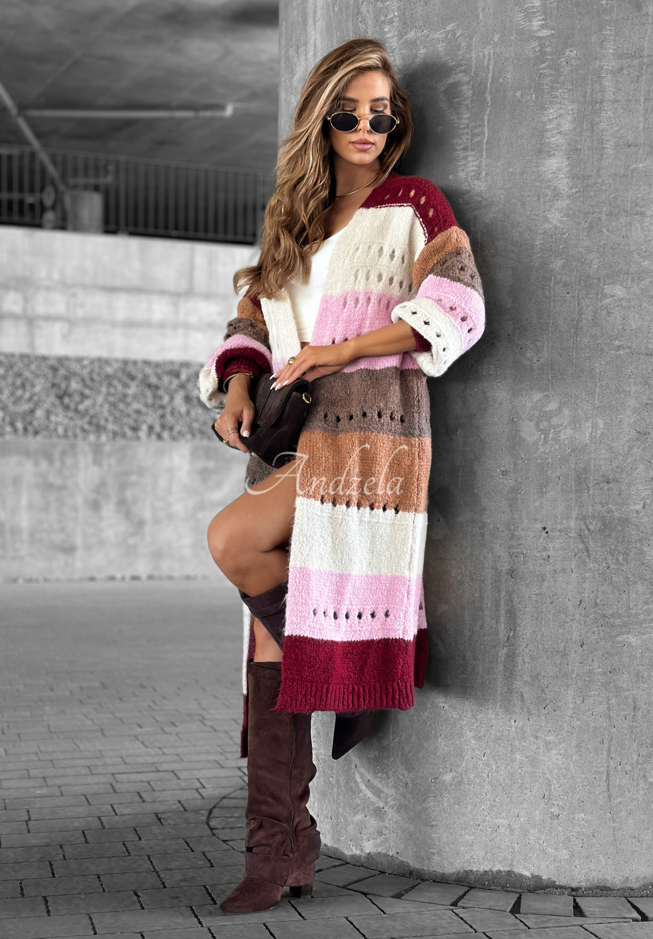 Lange Strickjacke Just A Moment burgunderrot-rosa