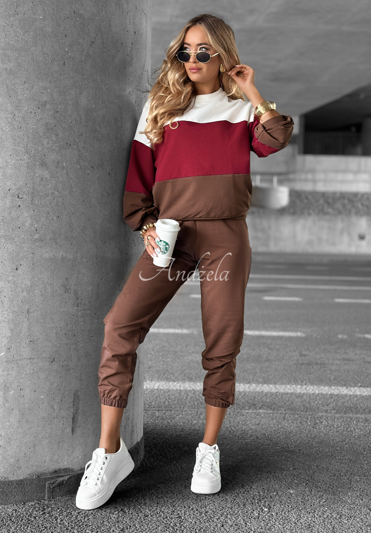 Trainingsanzug-Set: Sweatshirt und Hose Just A Look schokobraun-burgunderrot