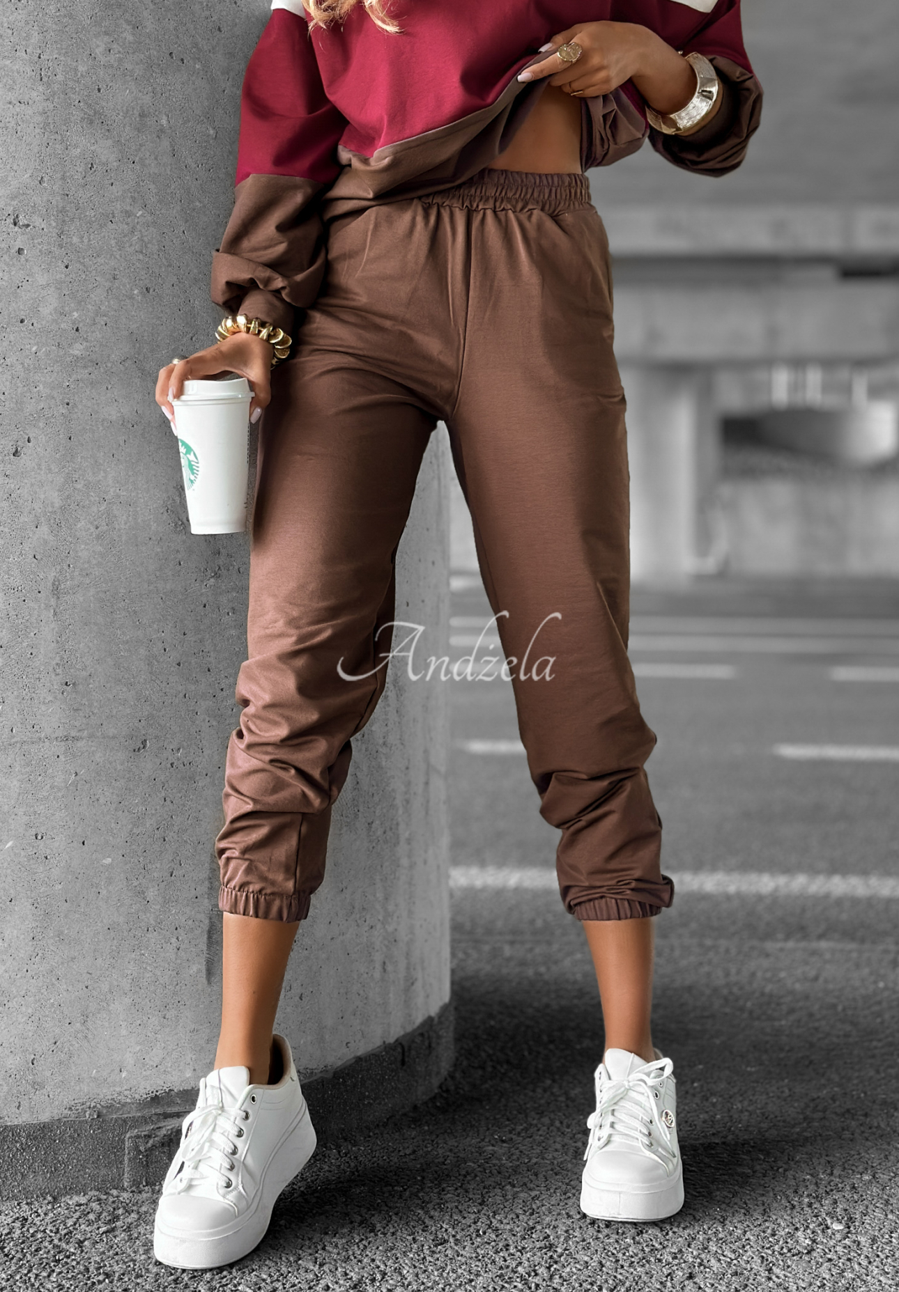 Trainingsanzug-Set: Sweatshirt und Hose Just A Look schokobraun-burgunderrot