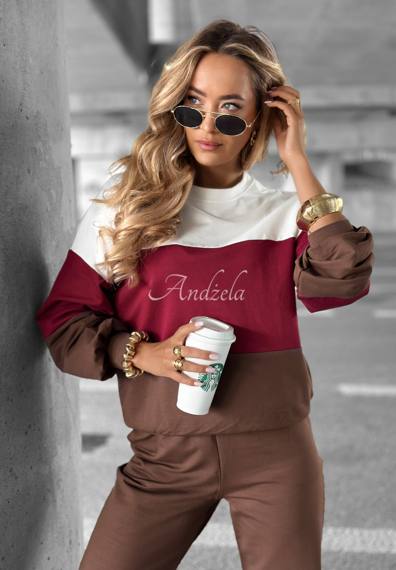 Trainingsanzug-Set: Sweatshirt und Hose Just A Look schokobraun-burgunderrot