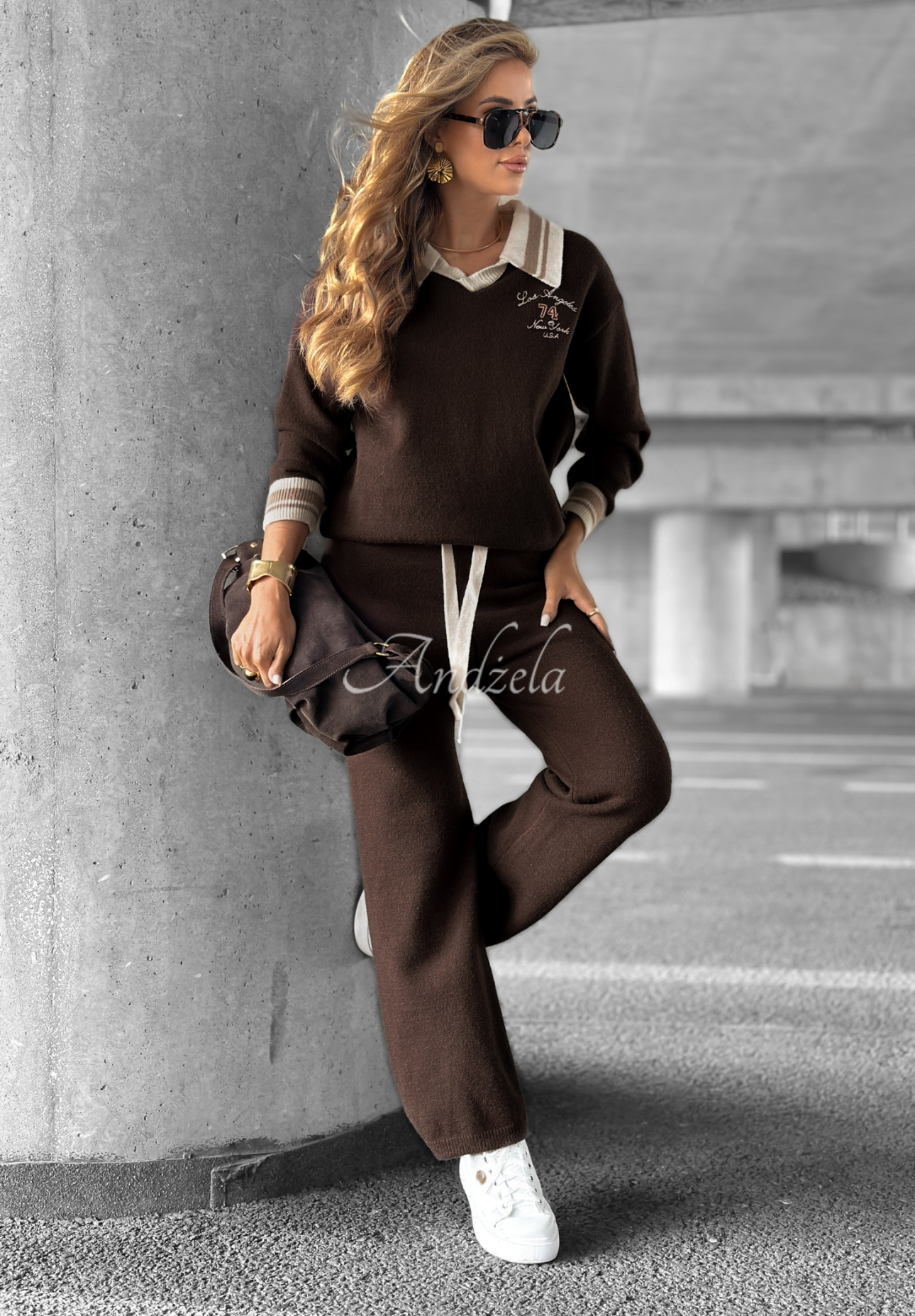 Set aus Strickpullover und Hose wide leg Halls Lake Schokoladenbraun