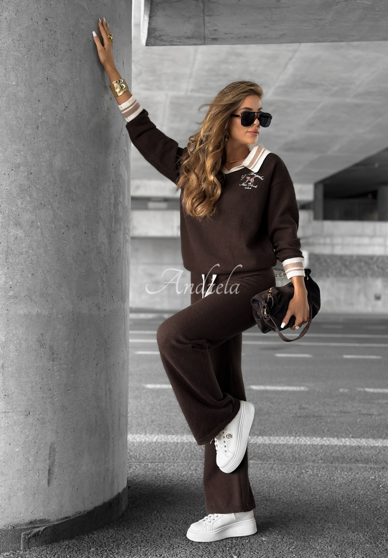 Set aus Strickpullover und Hose wide leg Halls Lake Schokoladenbraun