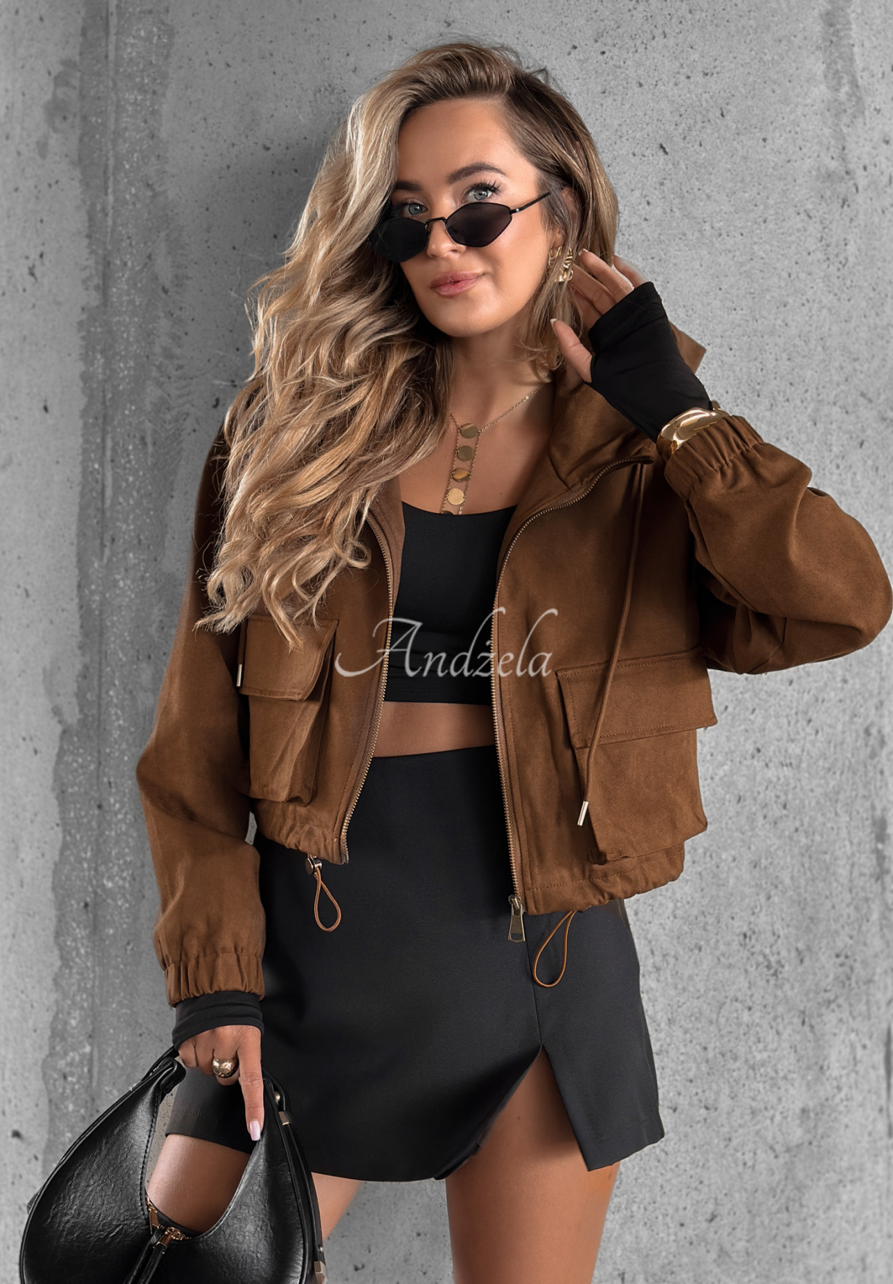 Kurze Wildlederjacke mit Kapuze Bad Mood Schokoladenbraun