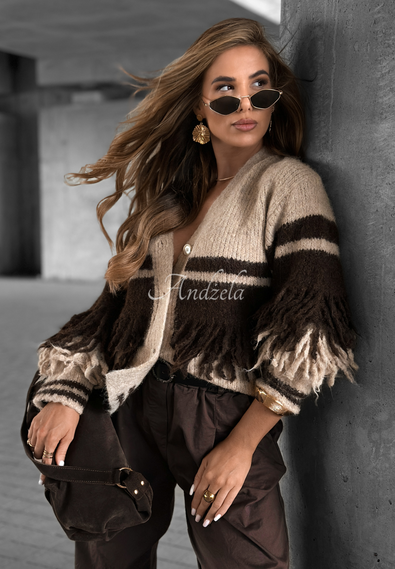 Kurzer Cardigan mit Fransen Misty Days beige-schokoladenbraun