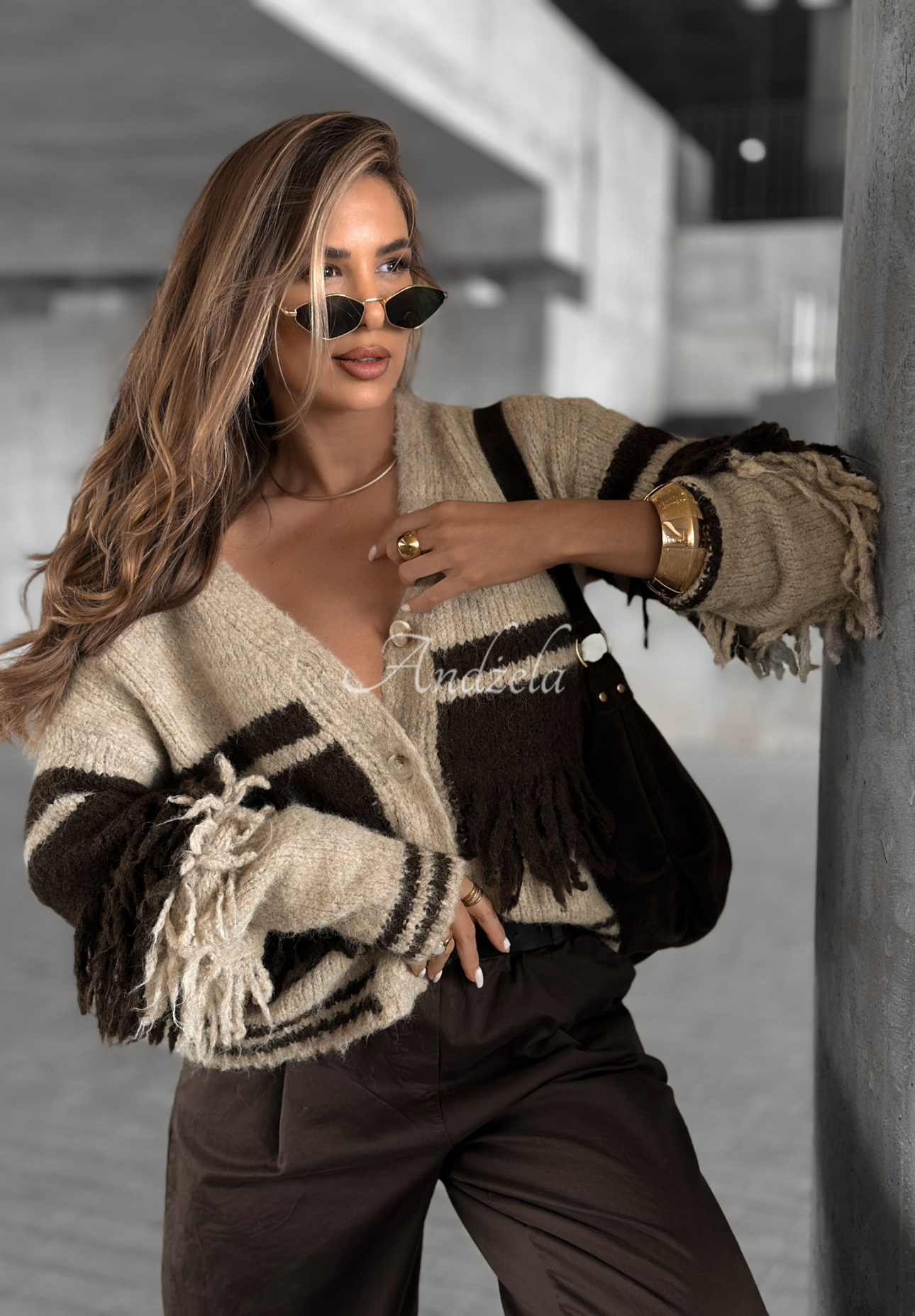 Kurzer Cardigan mit Fransen Misty Days beige-schokoladenbraun