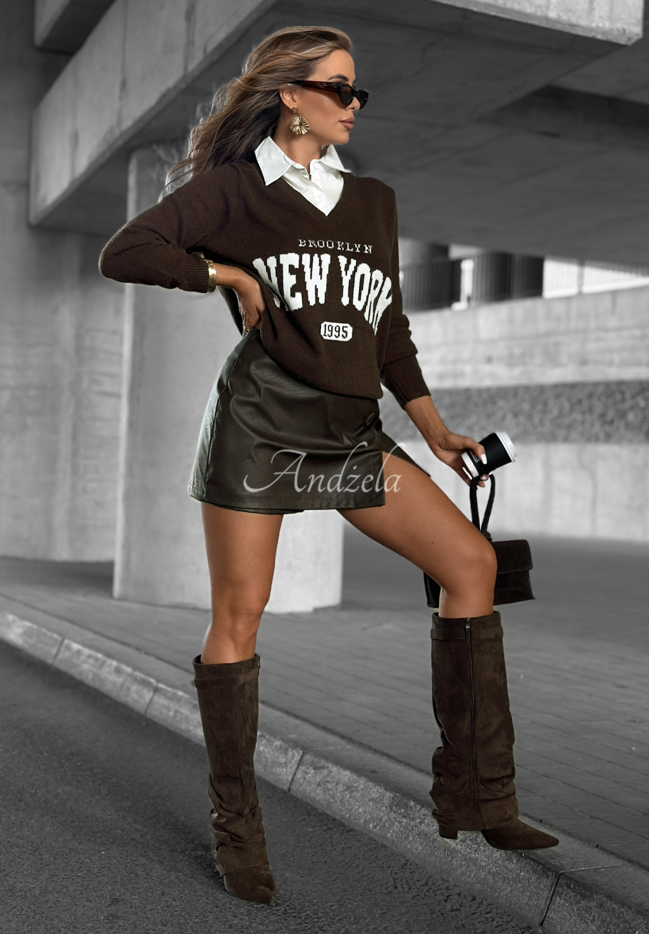 Pulli mit Kragen New York Brooklyn Schokoladenbraun
