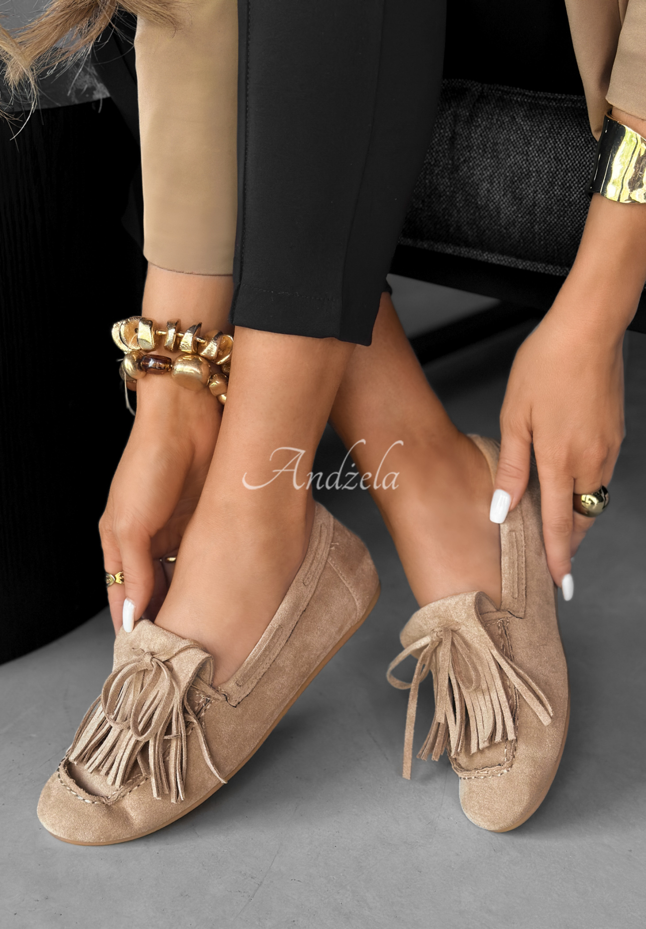 Wildleder-Mokassins mit Fransen One More Walk Beige