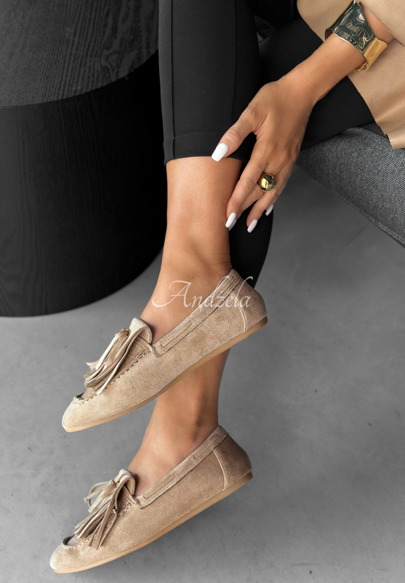 Wildleder-Mokassins mit Fransen One More Walk Beige