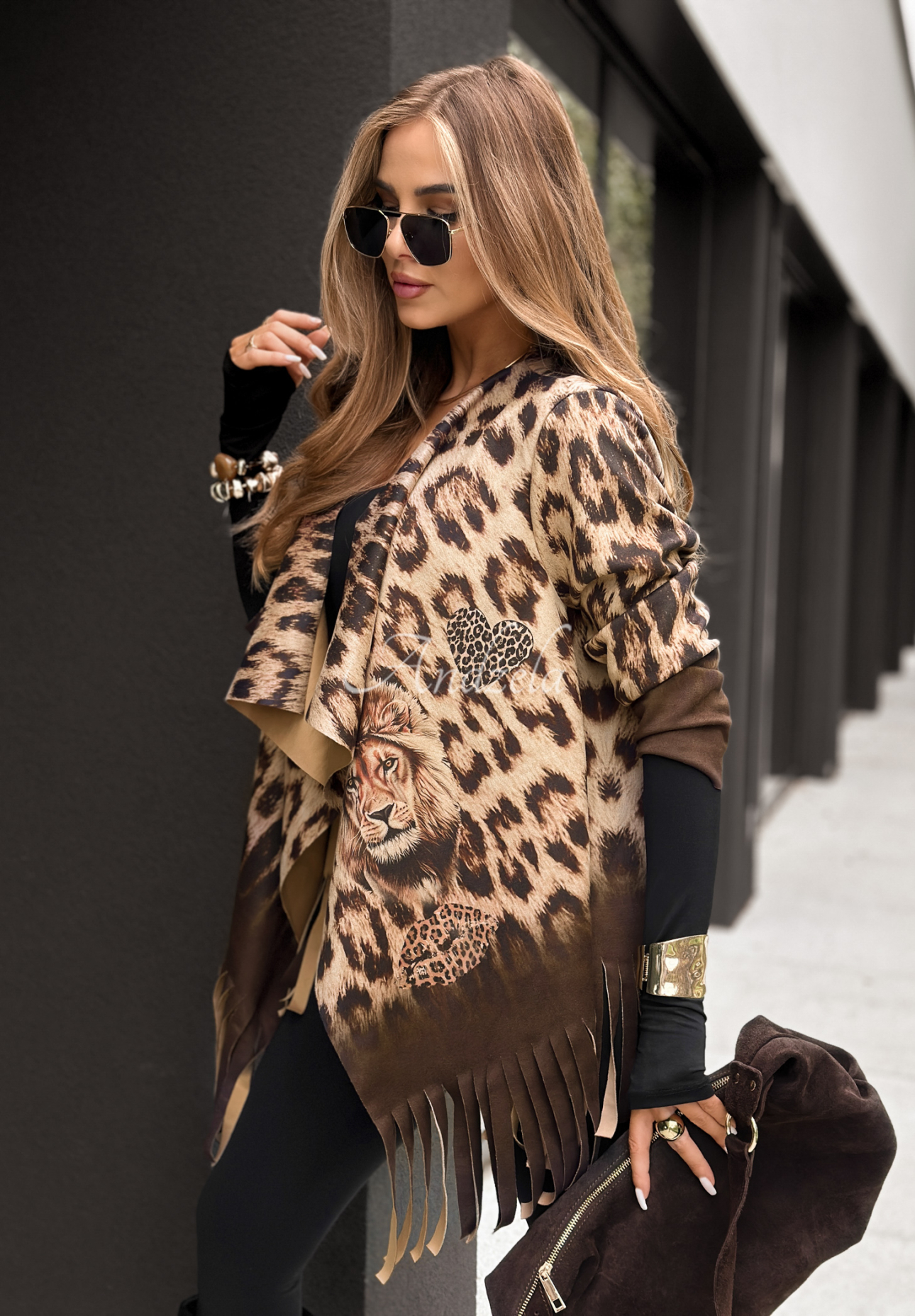 Umhang mit Fransen im Leopardenmuster Wild King beige-schokoladenbraun