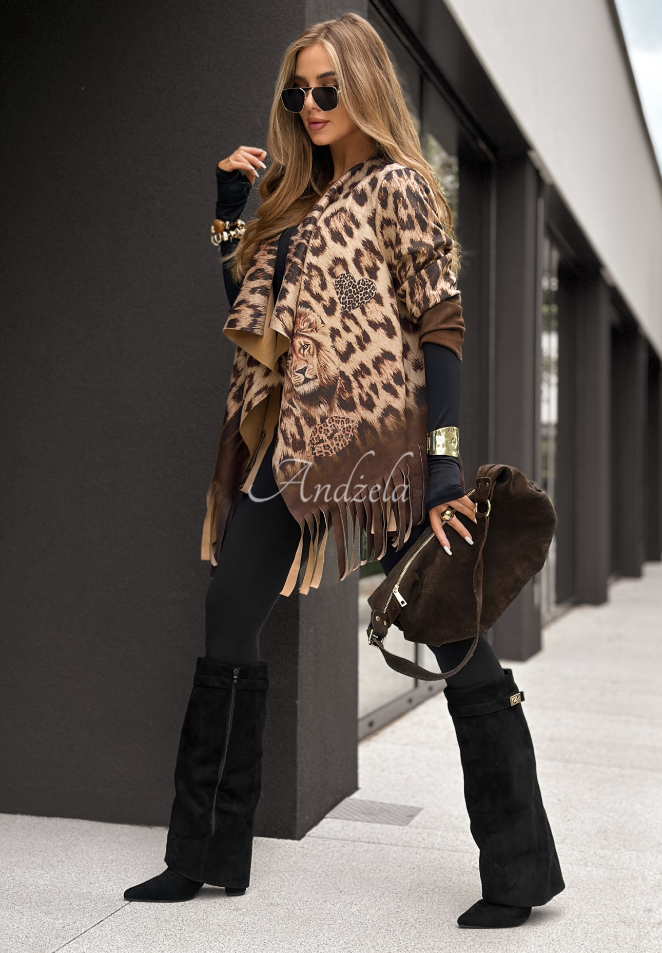 Umhang mit Fransen im Leopardenmuster Wild King beige-schokoladenbraun
