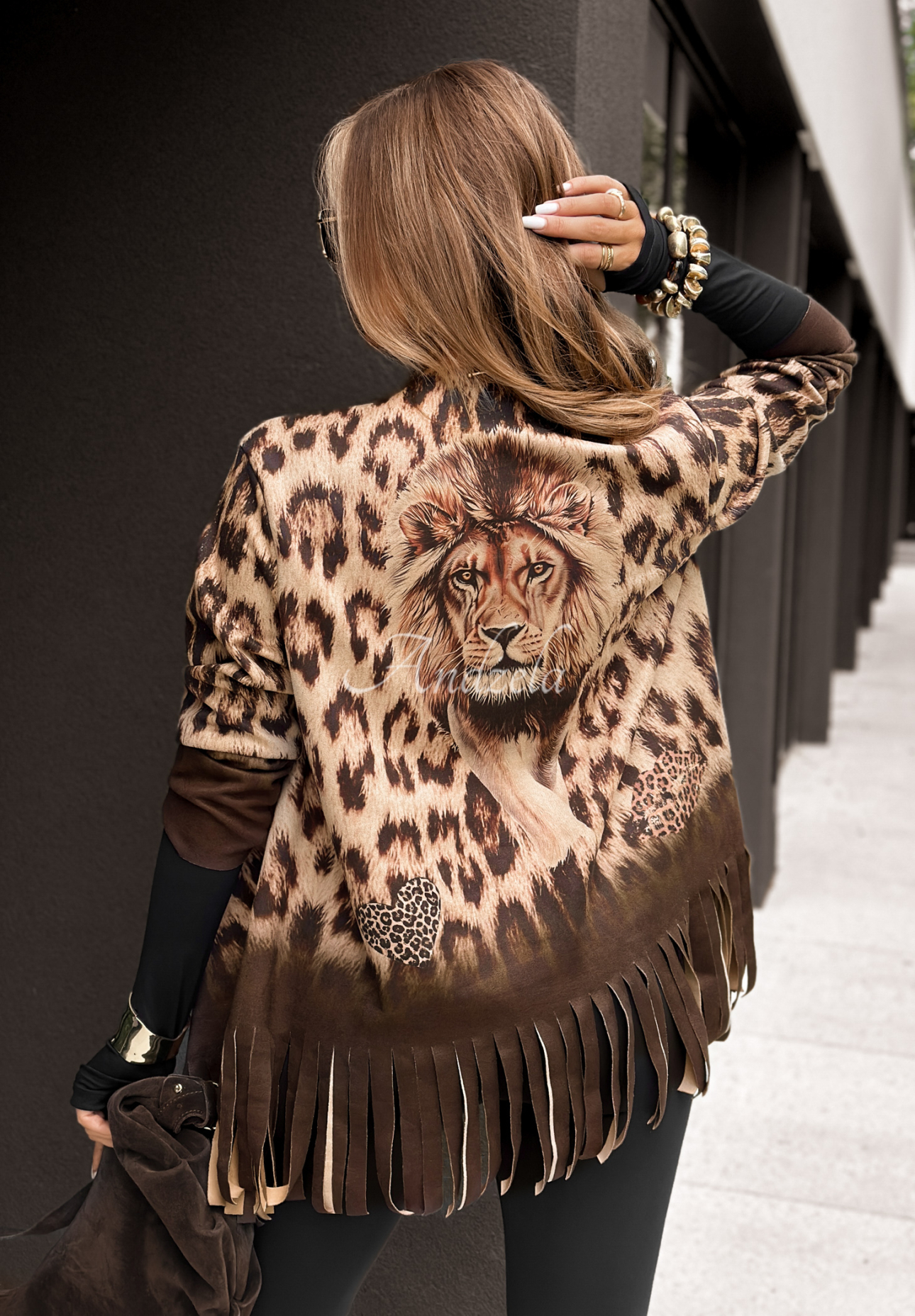 Umhang mit Fransen im Leopardenmuster Wild King beige-schokoladenbraun