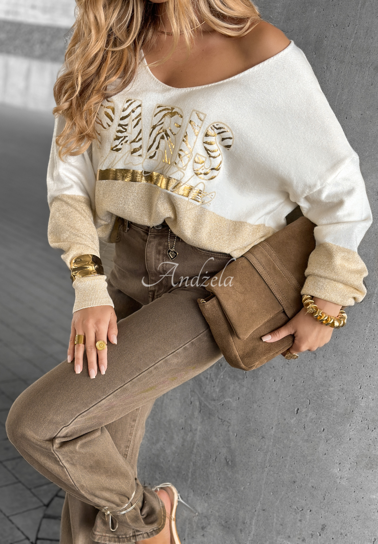 Pullover mit Aufdruck Golden Paris weiß-beige