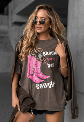 T-Shirt mit Aufdruck A Cowgirl Mokkafarben