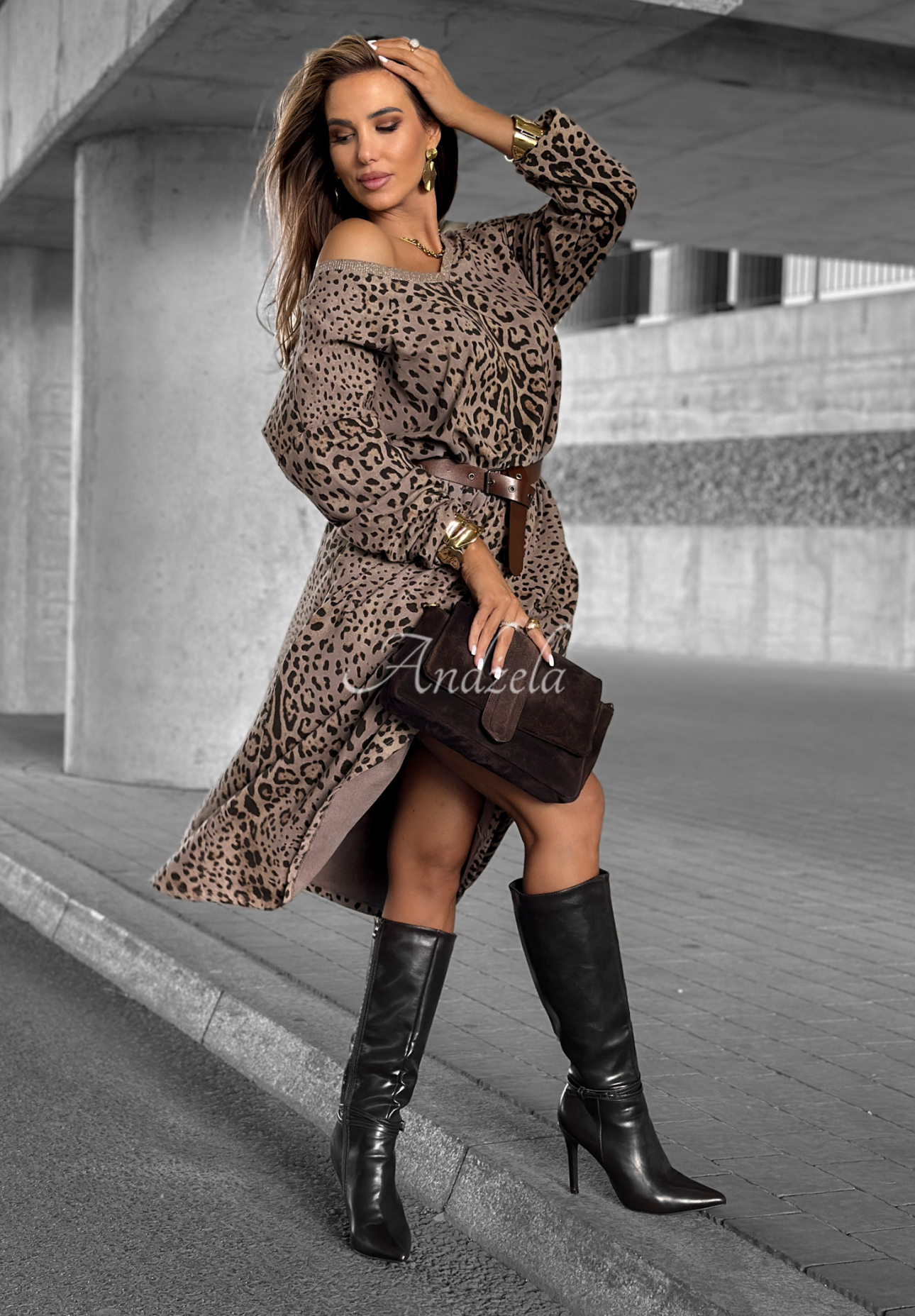 Midikleid mit Leopardenmuster Almost Real Mokkafarben