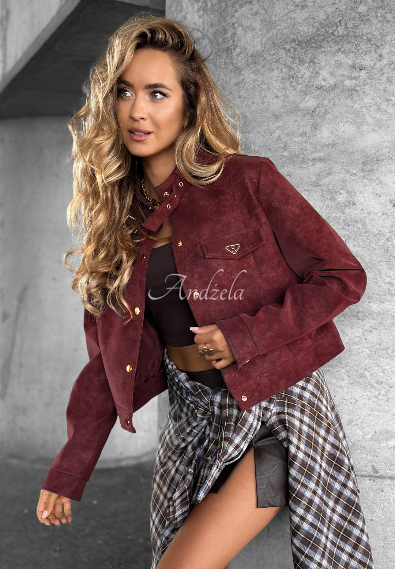 Kurze Wildleder-Bikerjacke Autumn Whisper Burgunderrot