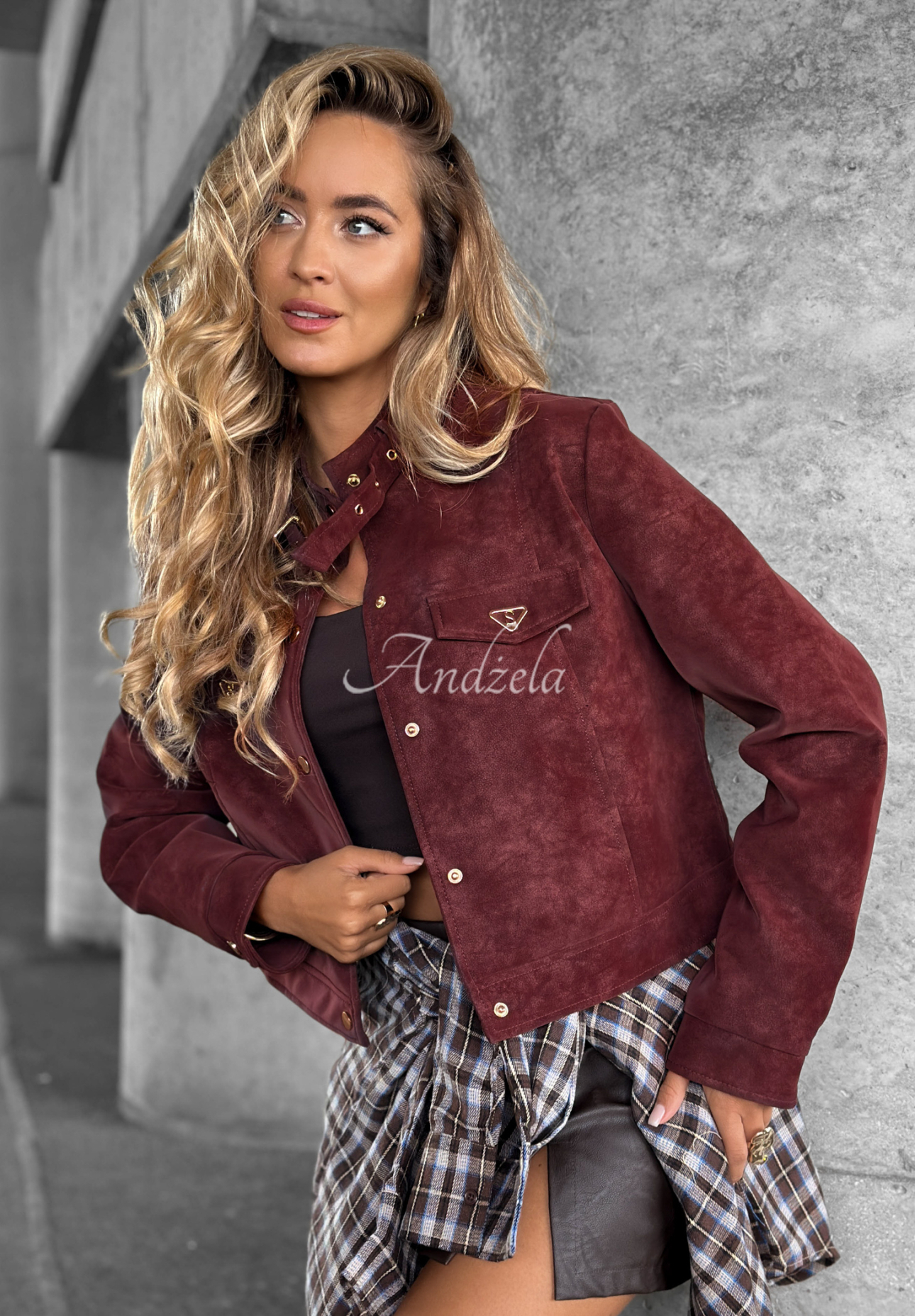 Kurze Wildleder-Bikerjacke Autumn Whisper Burgunderrot