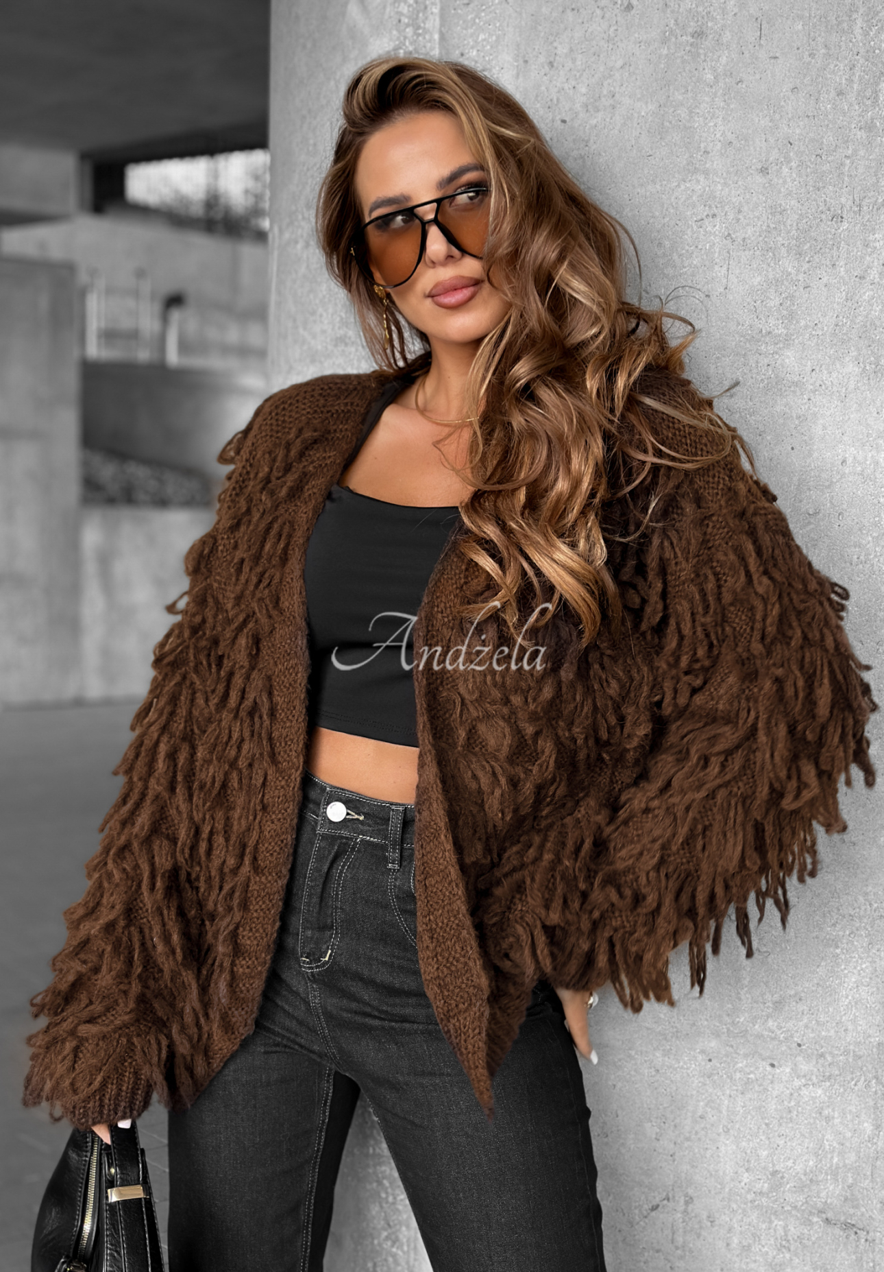 Kurzer Cardigan mit Fransen Fringe Schokoladenbraun