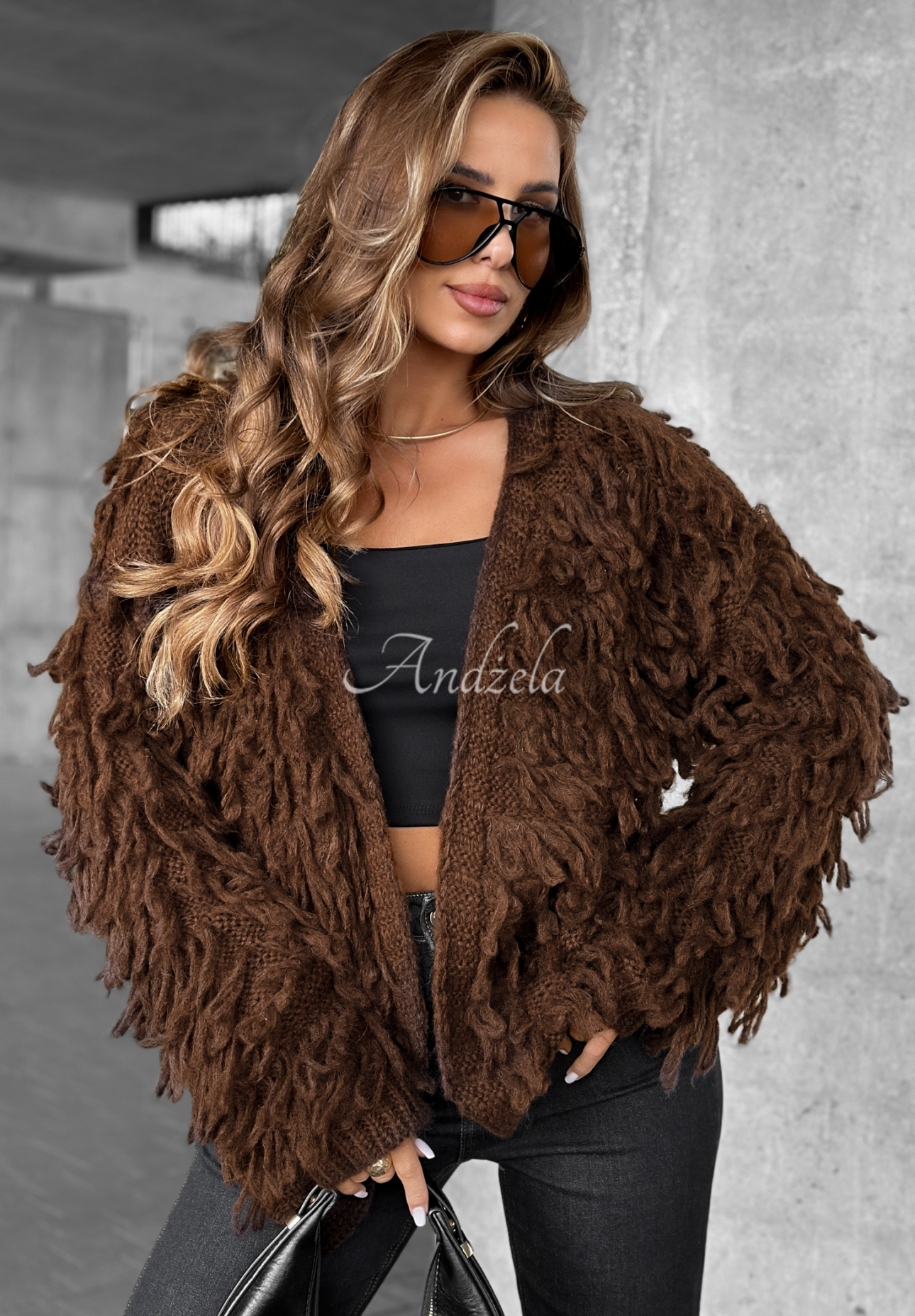 Kurzer Cardigan mit Fransen Fringe Schokoladenbraun
