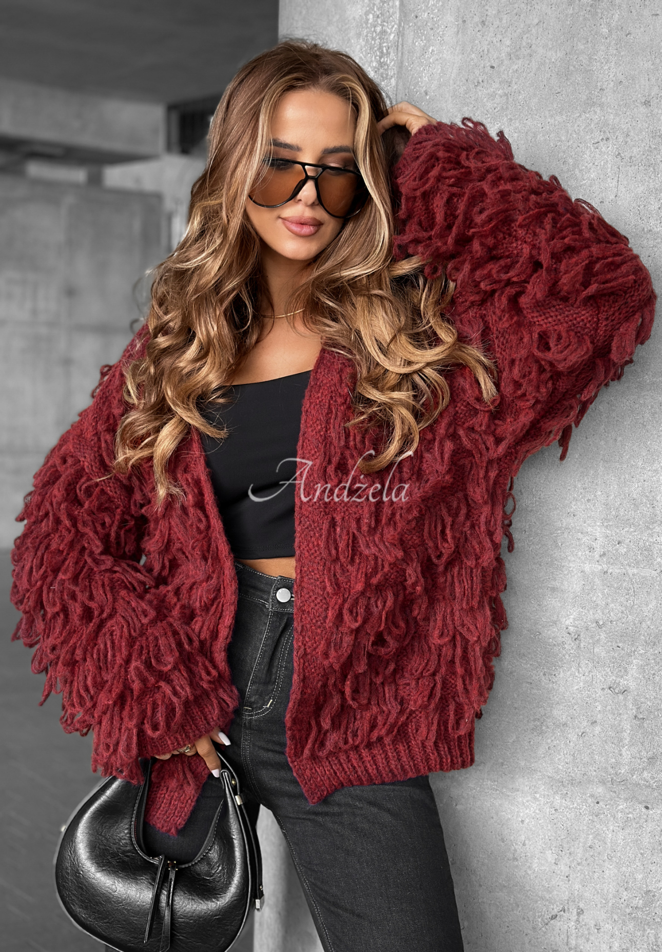 Kurzer Cardigan mit Fransen Fringe Burgunderrot