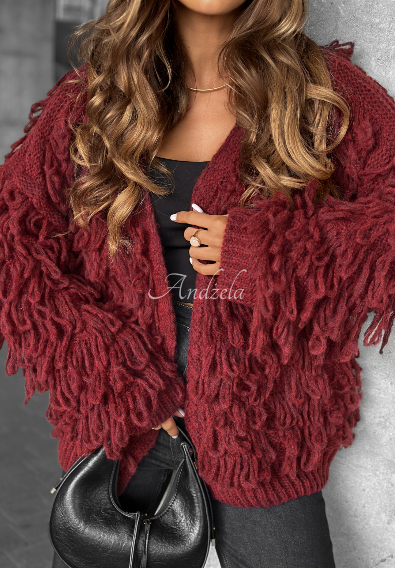 Kurzer Cardigan mit Fransen Fringe Burgunderrot