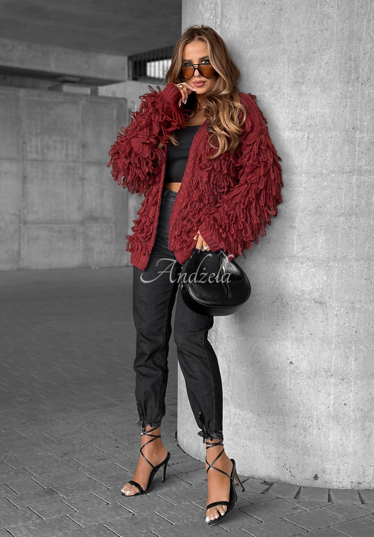 Kurzer Cardigan mit Fransen Fringe Burgunderrot