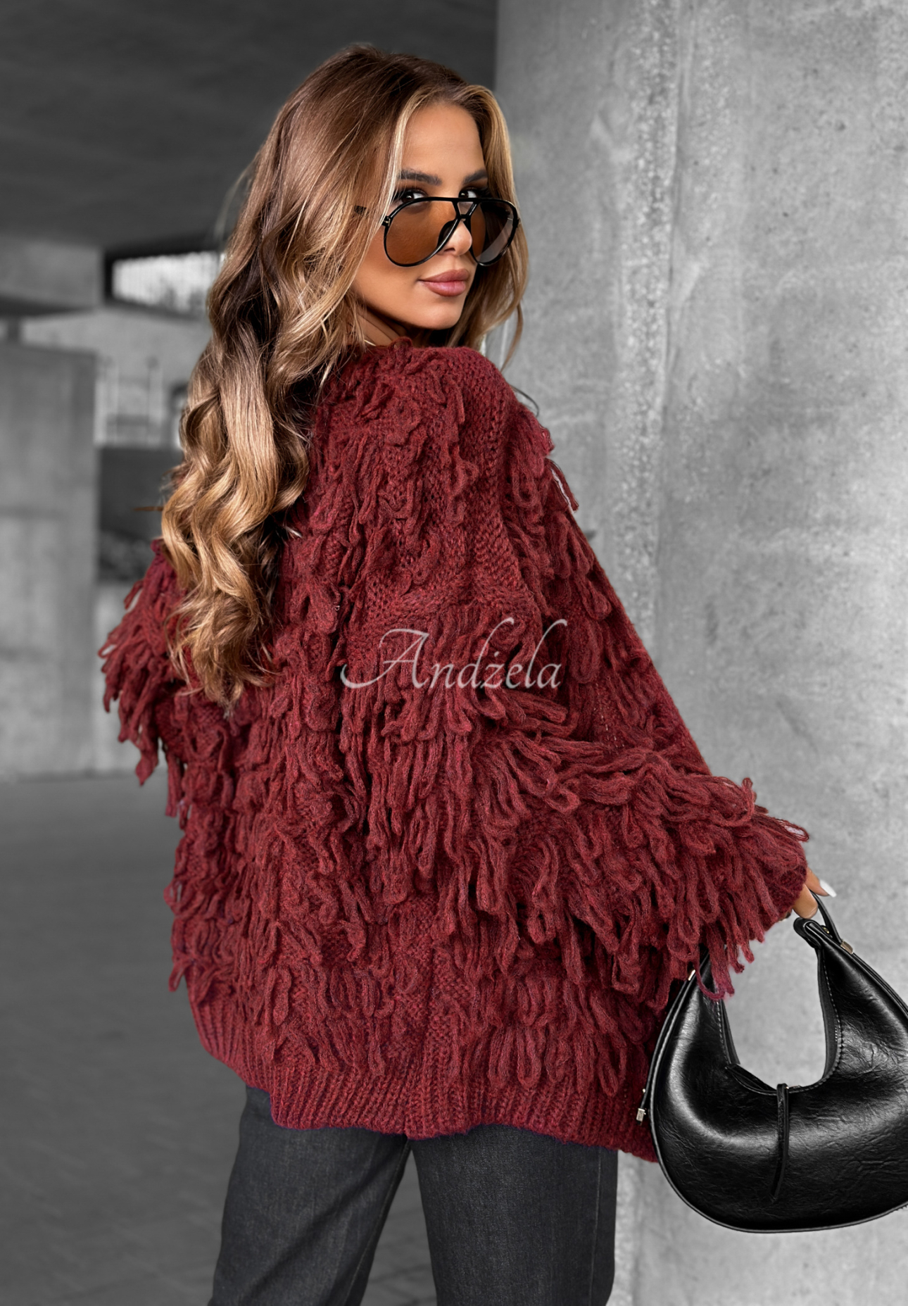 Kurzer Cardigan mit Fransen Fringe Burgunderrot
