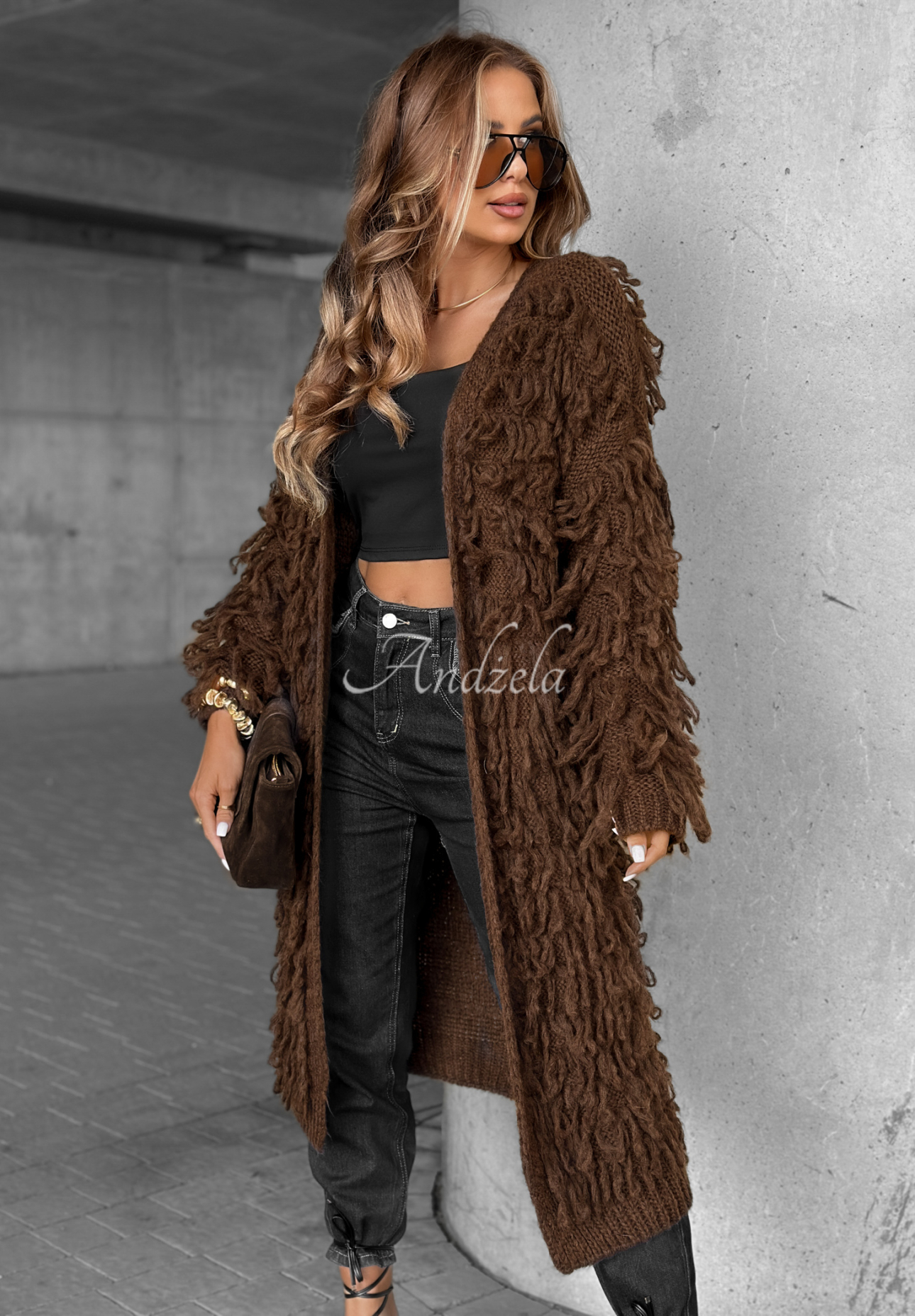 Langer Cardigan mit Fransen Fringe Schokoladenbraun