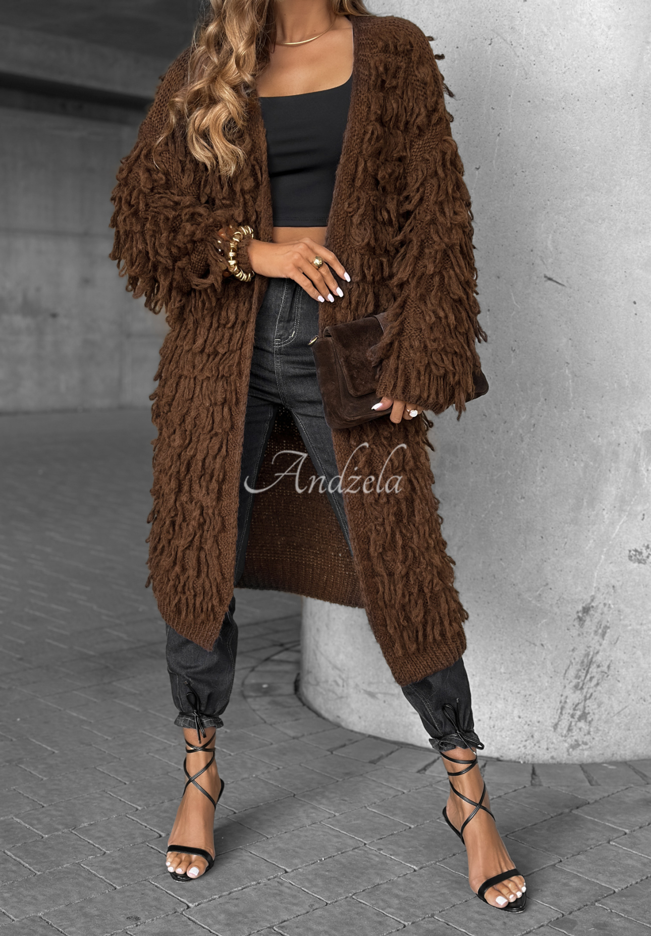 Langer Cardigan mit Fransen Fringe Schokoladenbraun
