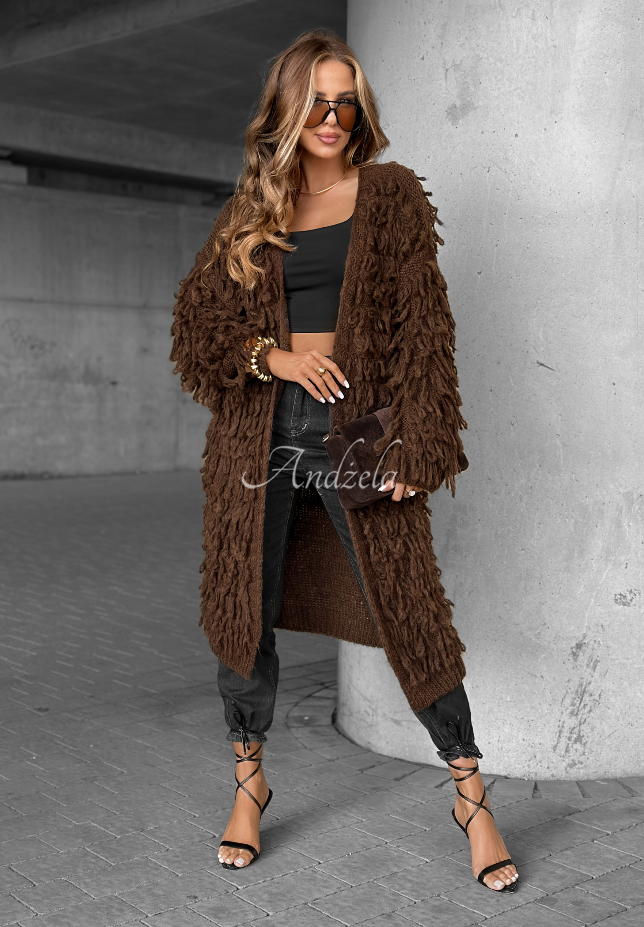 Langer Cardigan mit Fransen Fringe Schokoladenbraun